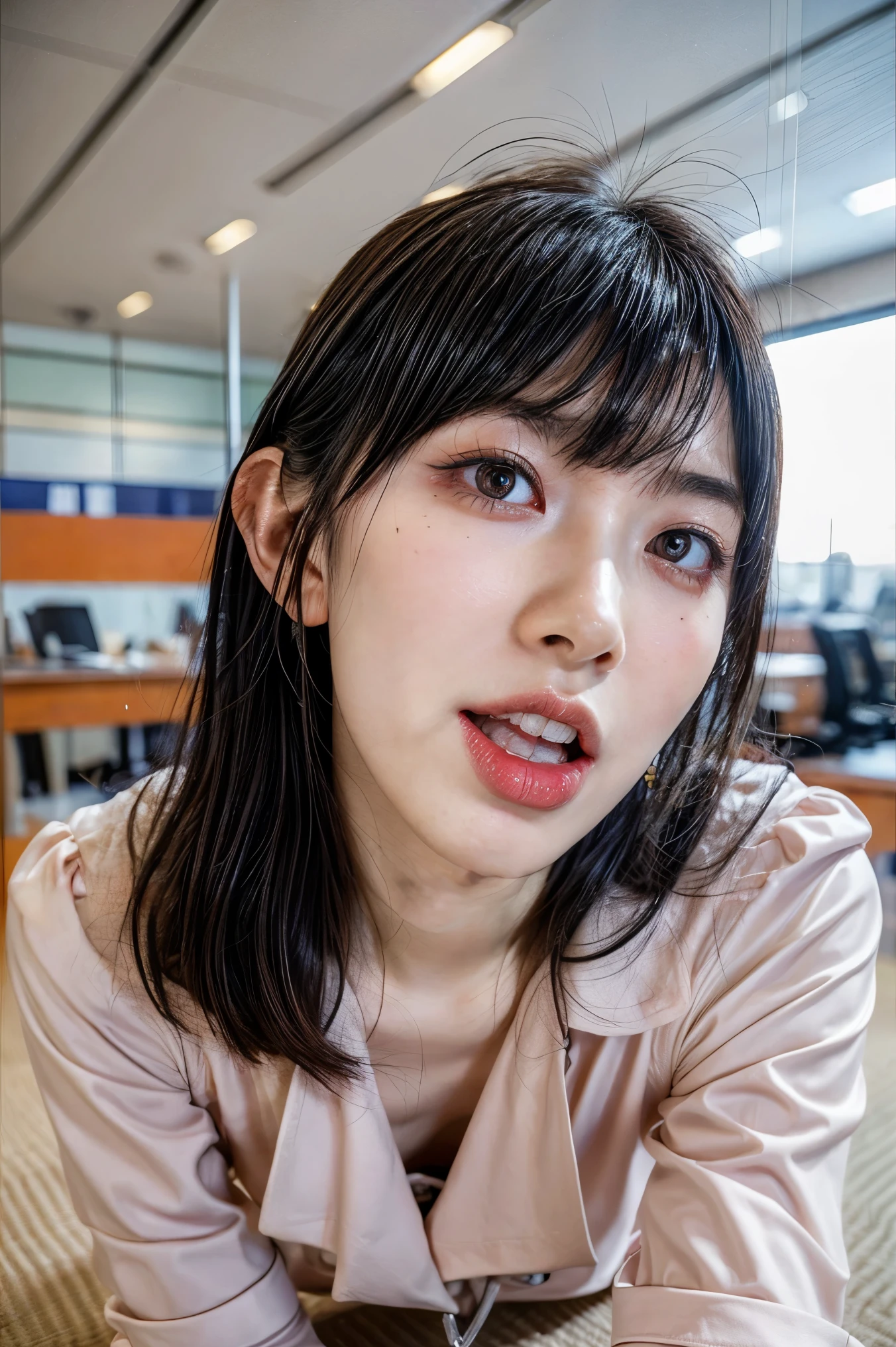 (masterpiece, best quality, realistic, photo-realistic), high resolution photograph of a Japanese woman, intricate details, sharp focus, professional lighting, solo, 1girl, an office lady, (blouse, skirt), (flat chest:1.4), (face focus, looking up at viewer:1.2), (full open mouth, wide open mouth, white cum in open mouth:1.5), (crawling on all fours under the desk:1.5), black hair, sensual face, detailed face, seductive eyes, detailed eyes, sophisticated nose, beautiful dentition, (mole on face), pale skin, fine-textured skin, indoors, office room,