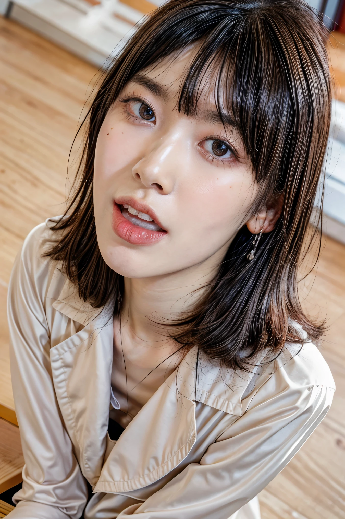 (masterpiece, best quality, realistic, photo-realistic), high resolution photograph of a Japanese woman, intricate details, sharp focus, professional lighting, solo, 1girl, an office lady, (blouse, skirt), (flat chest:1.4), (face focus, looking up at viewer:1.2), (full open mouth, wide open mouth, white cum in open mouth:1.5), (crawling on all fours under the desk:1.5), black hair, sensual face, detailed face, seductive eyes, detailed eyes, sophisticated nose, beautiful dentition, (mole on face), pale skin, fine-textured skin, indoors, office room,