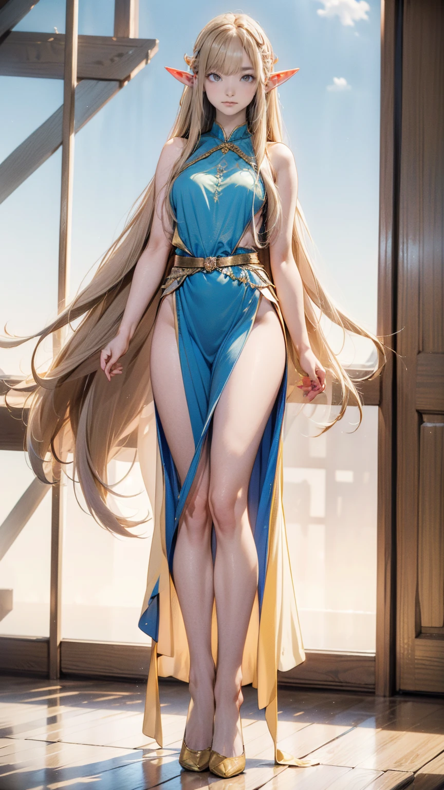 Perfectly Anatomically Correct Body , Perfect Hand, perfect fingers, (masterpiece,  High Quality ,  high definition ,  Golden Ratio ,  movie lighting, 8k), (((Full body))), (( Natural Poses )), One extraordinary Beautiful Elf Girl,  (Elf Costume), (( slender body)), 