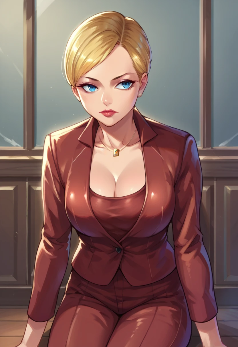 score_9,score_8_up,score_7_up BREAK T-XSDXL,solo,1girl,short hair,blue eyes,blonde hair,cleavage,jewelry,jacket,pants,necklace,lips,formal,suit,lipstick,cowboy shot,room,room background,sitting,