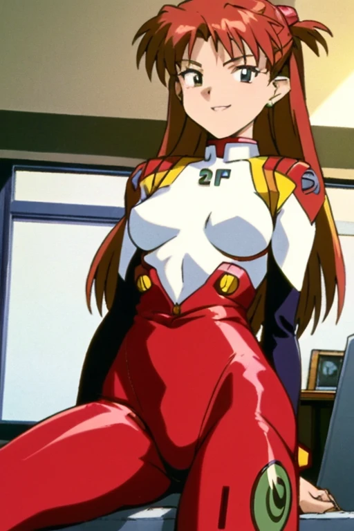 Kyoko,score_9,score_8_superior,score_7_superior,sauce_anime,One person,smile,Laughter,headgear,Red dress,leotard,Short sleeve,White elbow gloves,Brown pantyhose,boots,Red footwear,indoor,bedroom,bed_Sheet,cowboy_shot,Sitting,