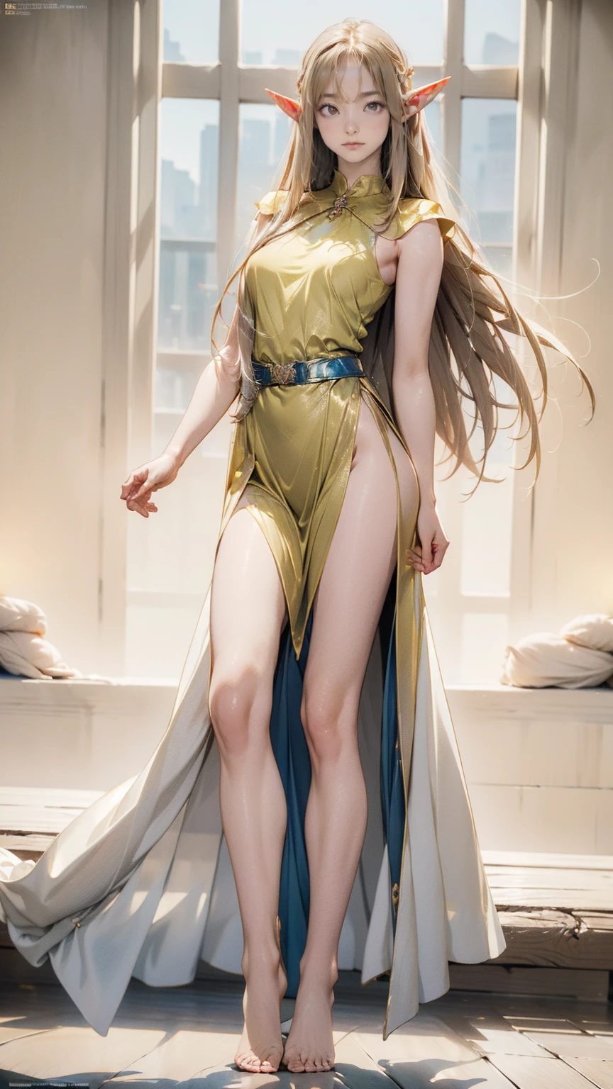 Perfectly Anatomically Correct Body , Perfect Hand, perfect fingers, (masterpiece,  High Quality ,  high definition ,  Golden Ratio ,  movie lighting, 8k), (((Full body))), (( Natural Poses )), One extraordinary Beautiful Elf Girl,  (Elf Costume), (( slender body)), 