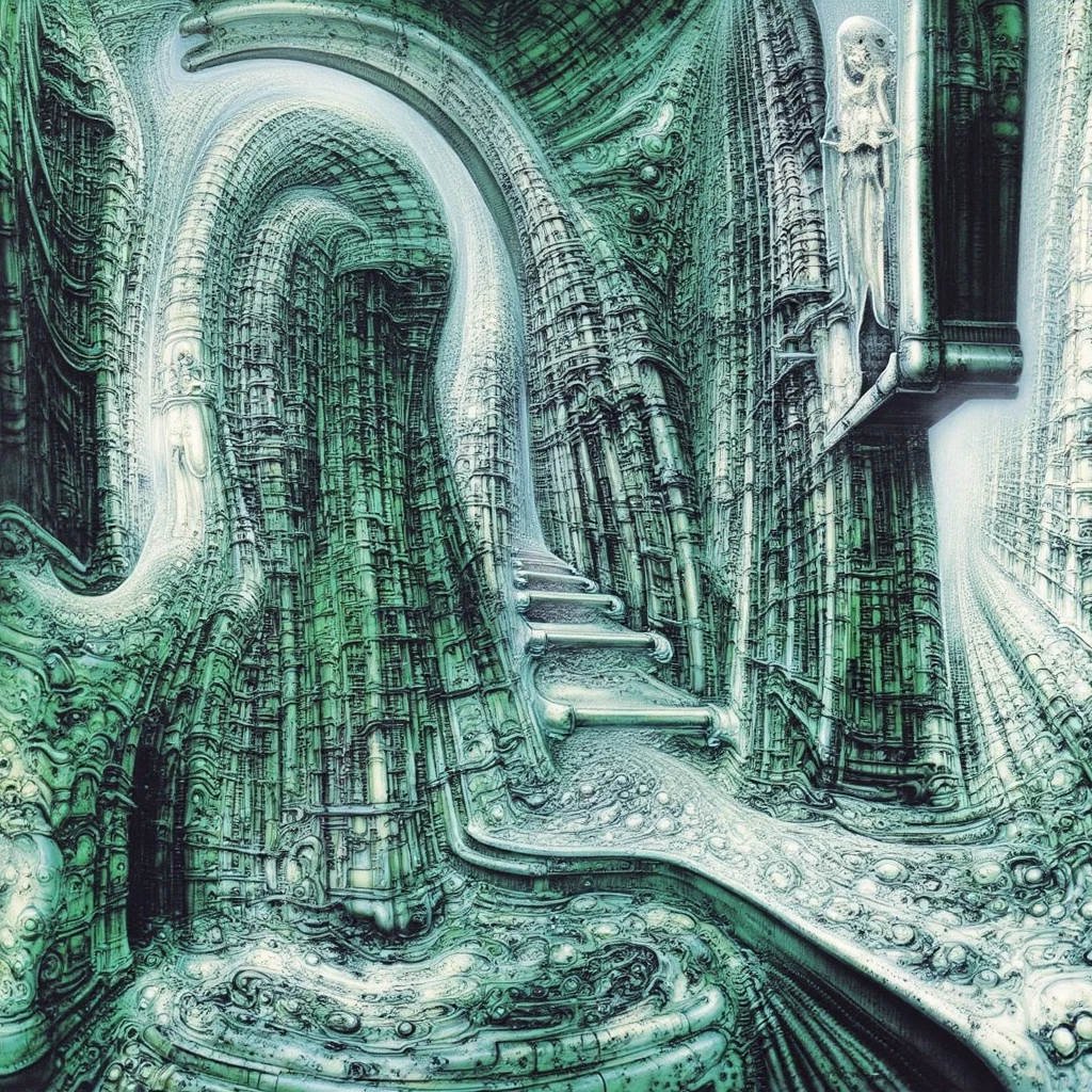 H. R. Giger's g1g3r, , Giger_style, xgiger, The image is a detailed view of H.R. Giger's biomechanical tableau \" LANDSCAPE No 312 \" plate, featuring
a complex, intricate, and detailed design of endless Machine in the transit space under the cascade of fallen water, that appears to be a fusion of organic and mechanical elements, with a focus on central humanoid-like alien astronaut figure insconced in dramatic.The piece is a tableau, most likely created with a India ink pen or pencil on paper, determined by the thin lines, shading techniques, and the texture of the paper, which is visible around the edges.
Used is pen, given the shading and variations in line weight visible in the image. Artist have used a variety of stylus with different degrees of hardness to achieve the shading effects.
 The use of undersaturated green-grays dark contrasts creates a stark and graphic look. Is used a variety of linework techniques to create different textures. Fine, parallel lines create a smooth, metallic texture,while thicker, more cursive lines suggest cables or wires.
Light source from the top highlights skeletals, pper part of foreground, lower part of image is in shadowupper part of foreground, lower part of image is in shadow.
The art performance showcases the artist’s skills in observation and rendering. The level of detail in the piece suggests a close study of real bone specimens and mechanics. The artist has skillfully used shading techniques to create a convincing illusion of three-dimensionality on a flat surface. The wrinkles and cracks in the surface, and the cast shadows with accuracy, used shading techniques to create a realistic depiction of light and shadow on the objects. This creates a sense of depth and dimension in the image.  The artist has used careful linework to depict the contours and textures in the piece, (Triadic:1.1), (Proportion:1.1),  , (Reflected light:1.2), Parchment, , ultra detailed, intricate,, dry b (best quality:1.4), H.R. GIGER,  BY GIGER