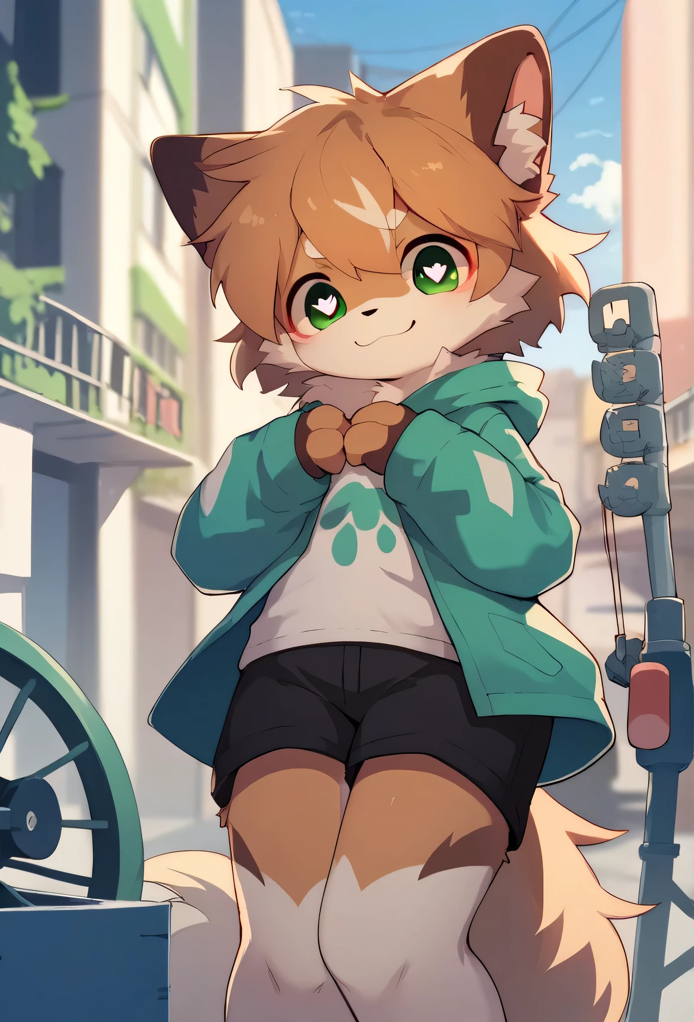 very detailedな, very detailed, brown fur,female,骨を見て excited,Heart Eye,participate, Akai's first wheel,green white and color , cute face, something like fluffy fur , excited, lustful girl,city,smile, my mental age ,want, blue fur black shorts , Sweatshirt , Long Sleeve ,trend,