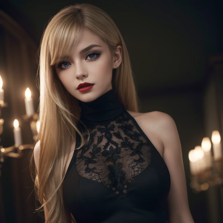 (Best Quality,High resolution:1.2), Ultra-detailed, cute high school girl, Realistic portrait, Best Quality, cute face, rose cheeks, rose nose, blue eyes, long blonde hair, full body, long perfect legs, big ass, big breasts, tiny waist. tiny body, black lace lingerie, black stockings, cat ears, mini pleated skirt, high school uniform, standing