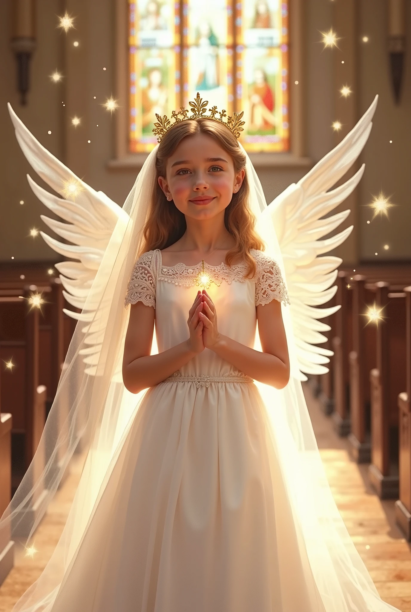 shoot from front, looking at viewer, beautiful toddler girl angel, smile, big eyes, blonde, A neat dress with sleeves that hide the chest, Angel wings on the back, A god with many sparkling stars々new background, Prayer-like pose, photorealistic