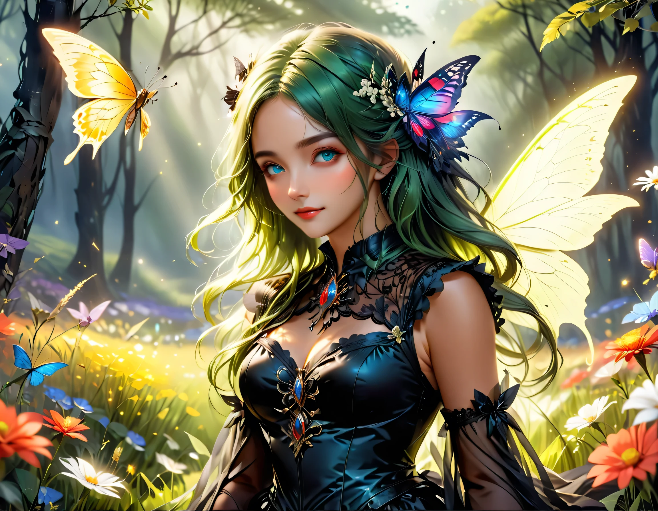 Enter a magical kingdom as Barbie transforms into a graceful forest fairy, surrounded by glittering fireflies and eccentric creatures. Com asas cintilantes e uma coroa de flores, She spreads enchantment in an ethereal forest setting. --auto --s2