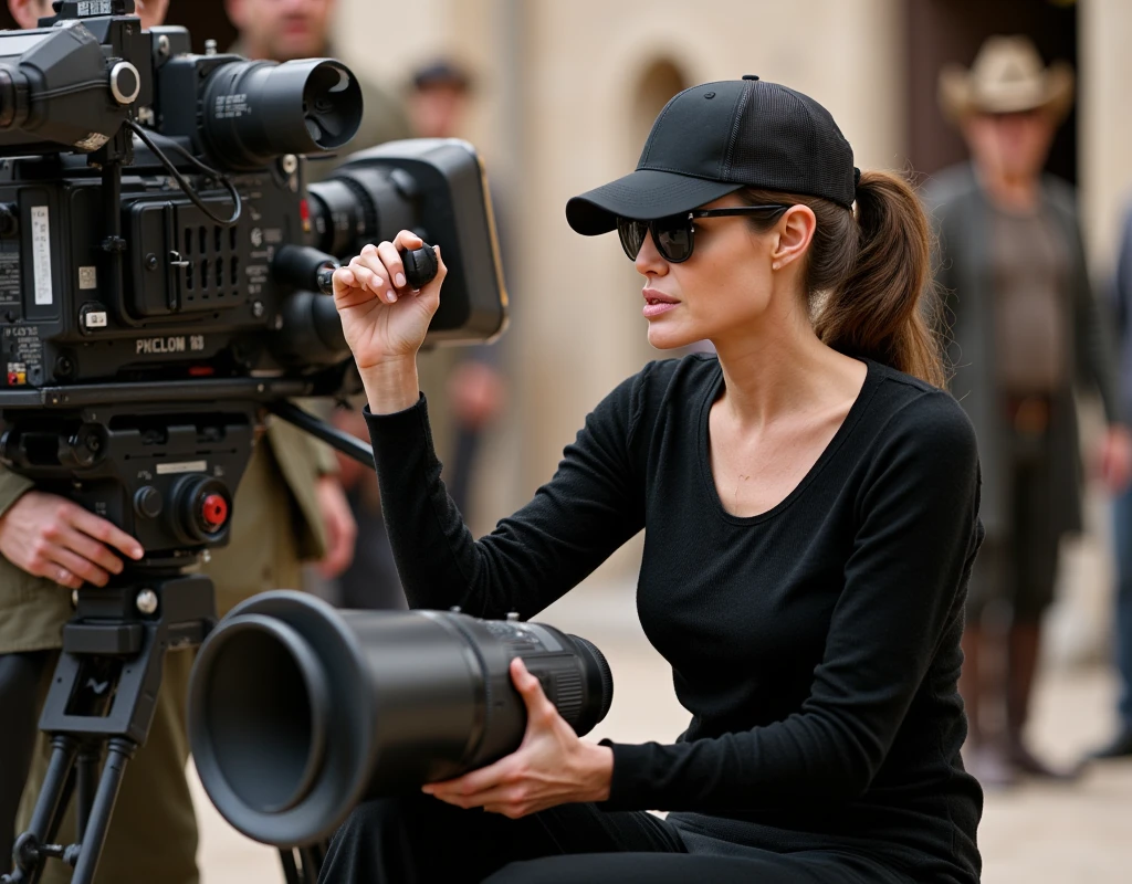 An actress who has changed from being an actress who is filmed to being a filmmaker, Side View, full body,  sitting pose,  Angelina Jolie, 50-age, (brown pony tail hair, baseball cap, sunglass, cry ),hand hold megaphone, near digital cinematic camera, many Cinema staff, Filming location for historical films in medieval Europe (photographic, super high definition , retina, masterpiece, anatomically correct, Accurate, textured skin, super detailed, High Details , High Quality , High Quality , high definition , 8k)
