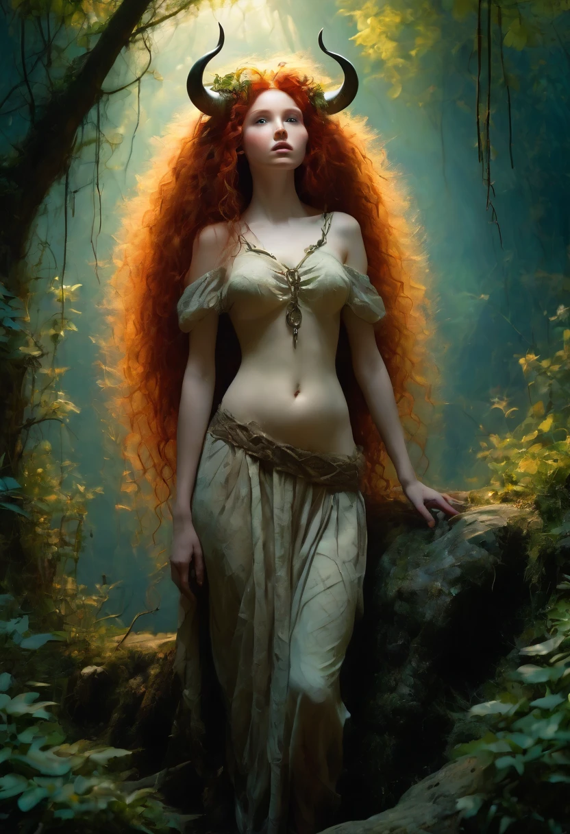 score_9, score_8_up,score_7_up, score_6_up, score_5_up, score_4_up, Dryad woman standing in garden, pale skin, horns, Merida from brave, large curved horns, Nude, Hairy pubic hair, huge sagging boobs, long sagging boobs, extremely hairy pubic hair