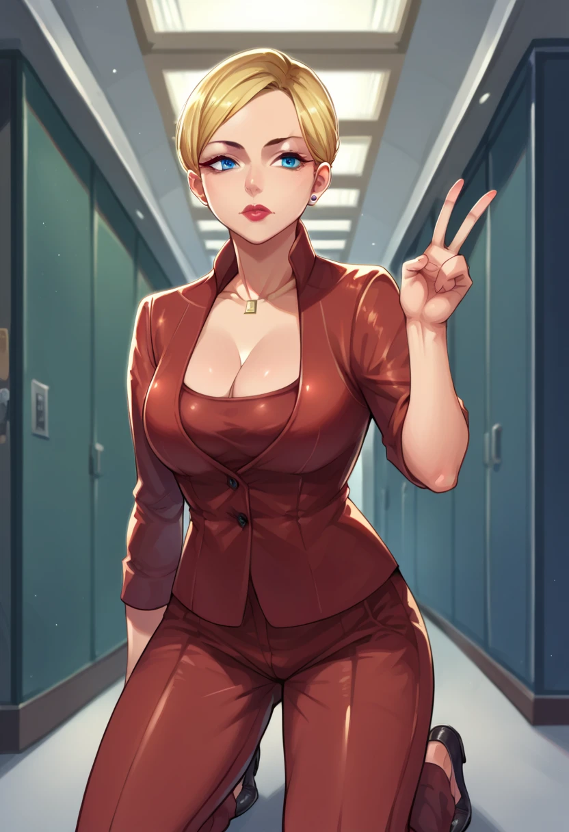 score_9,score_8_up,score_7_up BREAK T-XSDXL,solo,1girl,short hair,blue eyes,blonde hair,cleavage,jewelry,jacket,pants,necklace,lips,formal,suit,lipstick,cowboy shot,room,room background,kneeling,v,