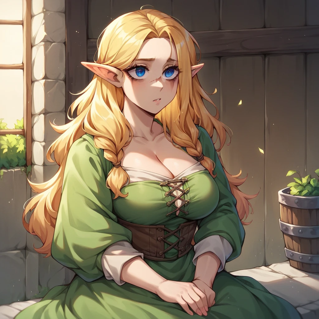 A beautiful elf princess with long braided blonde hair, elf ears, blue eyes, thin lips, round face, medium breasts, wearing a torn red tunic, eating a very large piece of boar meat, sitting on a rock, in the forest setting , expressive and funny scene (SFW)