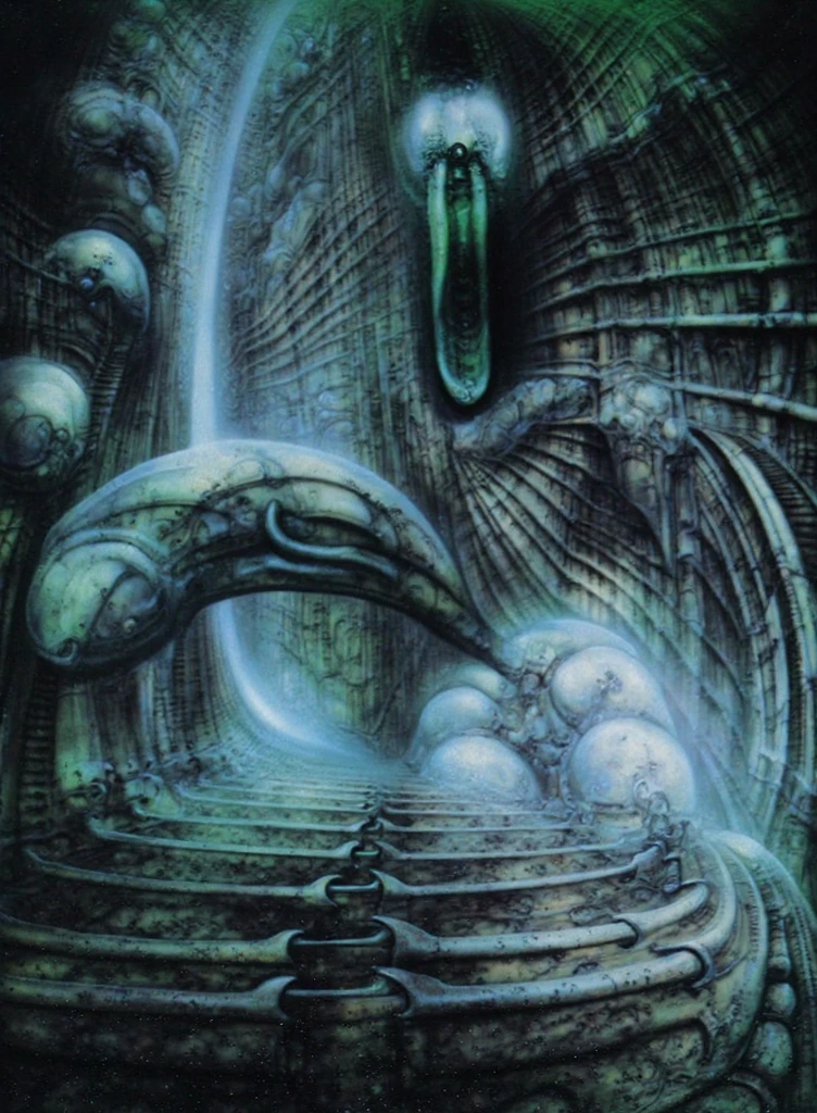 H. R. Giger's g1g3r, , Giger_style, xgiger, The image is a detailed view of H.R. Giger's biomechanical tableau \" LANDSCAPE No 312 \" plate, featuring
a complex, intricate, and detailed design of endless Machine in the transit space under the cascade of fallen water, that appears to be a fusion of organic and mechanical elements, with a focus on central humanoid-like alien astronaut figure insconced in dramatic.The piece is a tableau, most likely created with a India ink pen or pencil on paper, determined by the thin lines, shading techniques, and the texture of the paper, which is visible around the edges.
Used is pen, given the shading and variations in line weight visible in the image. Artist have used a variety of stylus with different degrees of hardness to achieve the shading effects.
 The use of undersaturated green-grays dark contrasts creates a stark and graphic look. Is used a variety of linework techniques to create different textures. Fine, parallel lines create a smooth, metallic texture,while thicker, more cursive lines suggest cables or wires.
Light source from the top highlights skeletals, pper part of foreground, lower part of image is in shadowupper part of foreground, lower part of image is in shadow.
The art performance showcases the artist’s skills in observation and rendering. The level of detail in the piece suggests a close study of real bone specimens and mechanics. The artist has skillfully used shading techniques to create a convincing illusion of three-dimensionality on a flat surface. The wrinkles and cracks in the surface, and the cast shadows with accuracy, used shading techniques to create a realistic depiction of light and shadow on the objects. This creates a sense of depth and dimension in the image.  The artist has used careful linework to depict the contours and textures in the piece, (Triadic:1.1), (Proportion:1.1),  , (Reflected light:1.2), Parchment, , ultra detailed, intricate,, dry b (best quality:1.4), H.R. GIGER,  BY GIGER