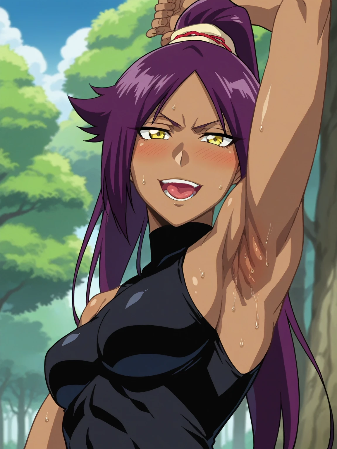 score_9, score_8_up, score_7_up, source_anime, anime screencap, 1girl, solo, yoruichi shihouin, long hair, yellow eyes, ponytail, purple hair, dark skin, dark-skinned female, bodysuit, black bodysuit, bare arms, bare shoulders, arm up, raised arm, armpit, looking at viewer, head towards viewer, badhandv4, from side, from below, smile, open mouth, tongue out, pinning down viewer, outdoors, day, forest, blush, half-closed eyes, sweaty