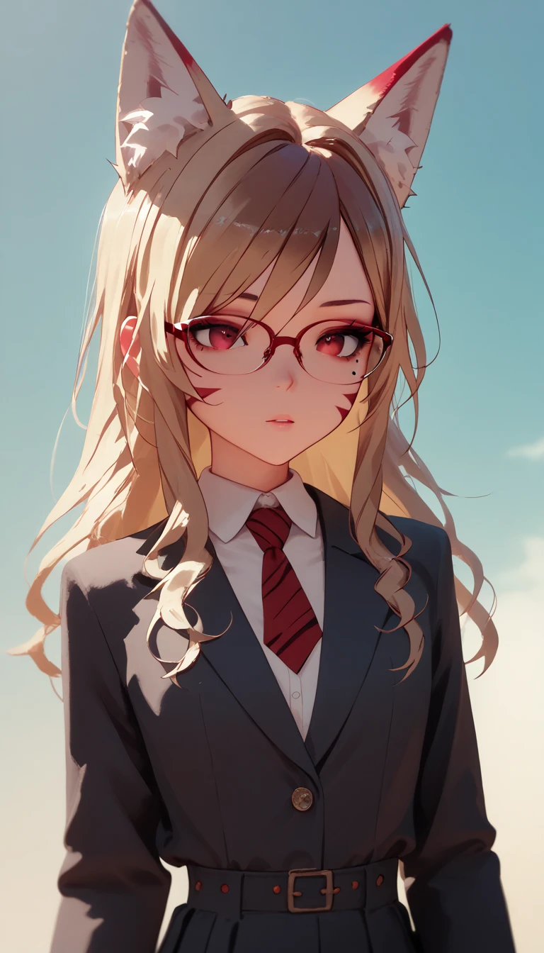  homewear ,  1 girl,  long blond hair,  brown hair  , 4K,   red eyes , , fox ears,    standing device , hair template  ,    red stripes on face, makeup,    black mascara , glasses, at school,   blonde  ,   thin waist, 