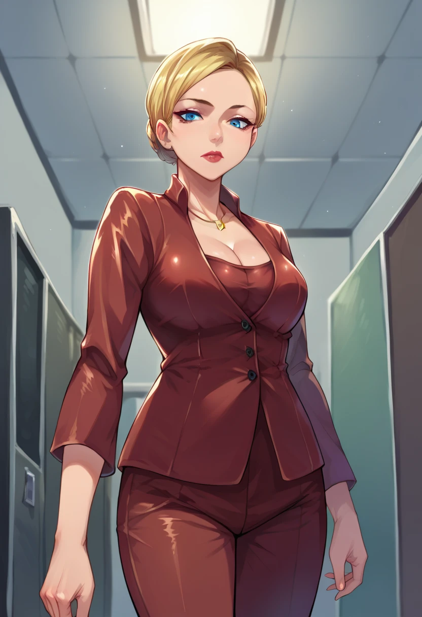 score_9,score_8_up,score_7_up BREAK T-XSDXL,solo,1girl,short hair,blue eyes,blonde hair,cleavage,jewelry,jacket,pants,necklace,lips,formal,suit,lipstick,cowboy shot,room,room background,from below,