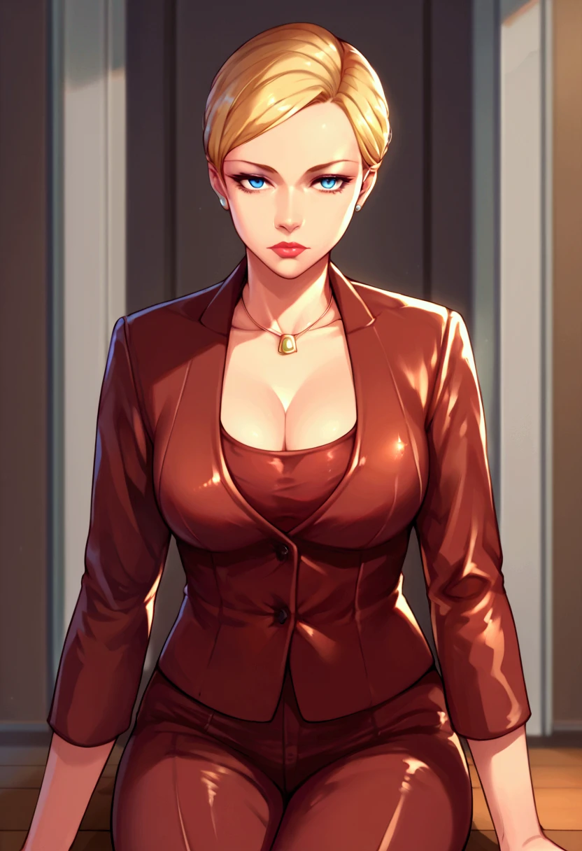 score_9,score_8_up,score_7_up BREAK T-XSDXL,solo,1girl,short hair,blue eyes,blonde hair,cleavage,jewelry,jacket,pants,necklace,lips,formal,suit,lipstick,cowboy shot,room,room background,sitting,