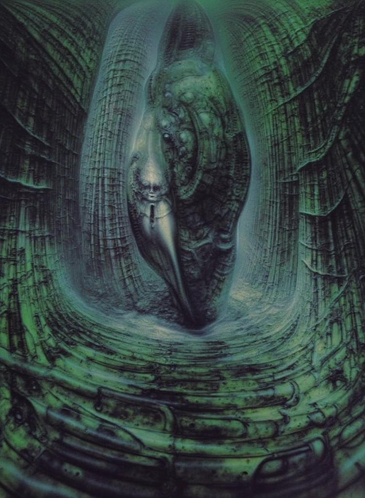 H. R. Giger's g1g3r, , Giger_style, xgiger, The image is a detailed view of H.R. Giger's biomechanical tableau \" LANDSCAPE No 312 \" plate, featuring
a complex, intricate, and detailed design of endless Machine in the transit space under the cascade of fallen water, that appears to be a fusion of organic and mechanical elements, with a focus on central humanoid-like alien astronaut figure insconced in dramatic.The piece is a tableau, most likely created with a India ink pen or pencil on paper, determined by the thin lines, shading techniques, and the texture of the paper, which is visible around the edges.
Used is pen, given the shading and variations in line weight visible in the image. Artist have used a variety of stylus with different degrees of hardness to achieve the shading effects.
 The use of undersaturated green-grays dark contrasts creates a stark and graphic look. Is used a variety of linework techniques to create different textures. Fine, parallel lines create a smooth, metallic texture,while thicker, more cursive lines suggest cables or wires.
Light source from the top highlights skeletals, pper part of foreground, lower part of image is in shadowupper part of foreground, lower part of image is in shadow.
The art performance showcases the artist’s skills in observation and rendering. The level of detail in the piece suggests a close study of real bone specimens and mechanics. The artist has skillfully used shading techniques to create a convincing illusion of three-dimensionality on a flat surface. The wrinkles and cracks in the surface, and the cast shadows with accuracy, used shading techniques to create a realistic depiction of light and shadow on the objects. This creates a sense of depth and dimension in the image.  The artist has used careful linework to depict the contours and textures in the piece, (Triadic:1.1), (Proportion:1.1),  , (Reflected light:1.2), Parchment, , ultra detailed, intricate,, dry b (best quality:1.4), H.R. GIGER,  BY GIGER