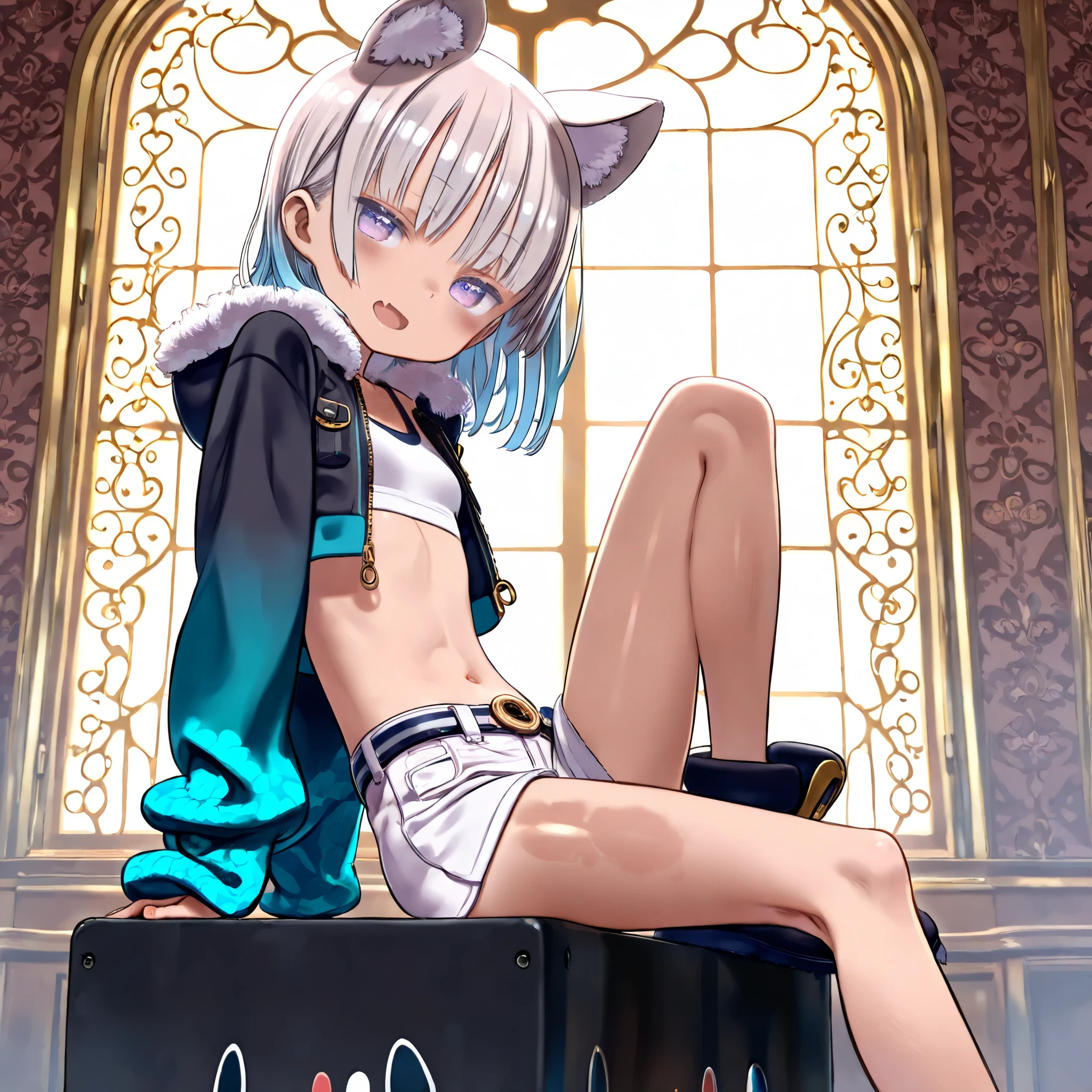 ((Masterpiece)), ((best quality)), (8K), (wide shot, from side), cinematic lighting, (detailed background:1.2), (super detail:1.2),(High Definition:1.3), (Professional Photography:1.2), (very aesthetic:1.2), (absurdres:1.2), (sharp focus), ((1girl)), Cute teenage Girl, (Textured skin), (Realistic skin), (pale purple eyes, gradient eyes, upturned eyes), (platinum-gold hair), ((fanged bangs)), gradient hair, blue color Hair Tip, (medium hair), small breast, (Healthy Gaunt body), (open mouth wide, skin fang), seductive smile, blush, (cute cheeks), glossy lips, pouty lips, bags under the eyes, (lower eyelashes), (tilt head), put on cat ears, BREAK, (cheepy white croptop, gradient jacket, cropped jacket, open jacket, fur trim), luxury belt, white shorts, ((lift up jacket, lift by self)), (loose sitting on the block, knee up, against the beautiful botanical pattern background), ((by Kuroboshi Kouhaku)),