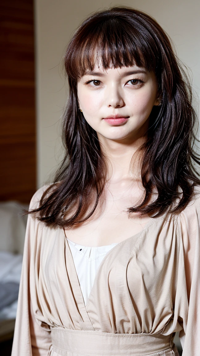 (( Age 25, woman, 小柄なwoman,   function,    without makeup, In the bedroom)), (((柔和な笑face,    small eyes   , Narrow eyes, Small hands))), (     full body portrait ,    black hair ,    shorthair ,    small breasts、 beautiful cleavage   ),    white skin, Glossy pale lips,    skinny, Body Type,    delicate and charming collarbone   ,   top quality, The raw reality  , face,    very beautiful ,  cute,     text frame depth   ,   there's nothing there, 超    Details,     Details, Very     Details, extremely     Details eye and face,    sharp pupils,     sharp concentration ,   there are movie lights 