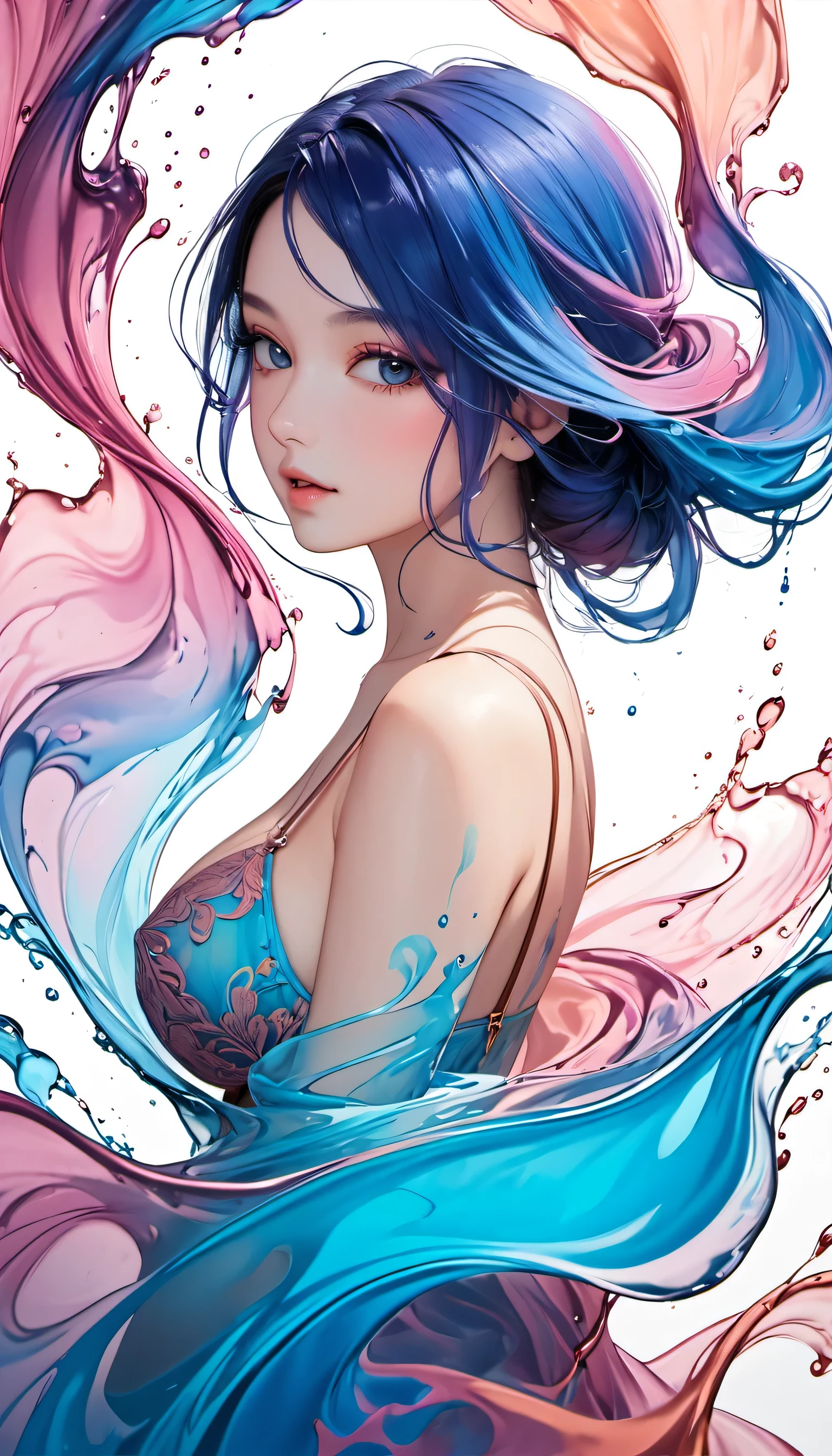 An image of a beautiful Girl, (hand bra), (big ) , ethereal, ink flowing in water, delicate patterns, abstract forms, ink in water, pink ochre and blue palette, white background, smoke textures, subtle gradients, fluid dynamics, dreamy color tones, soft lighting, mesmerizing patterns  ( or slight variations therein for palette tuning )