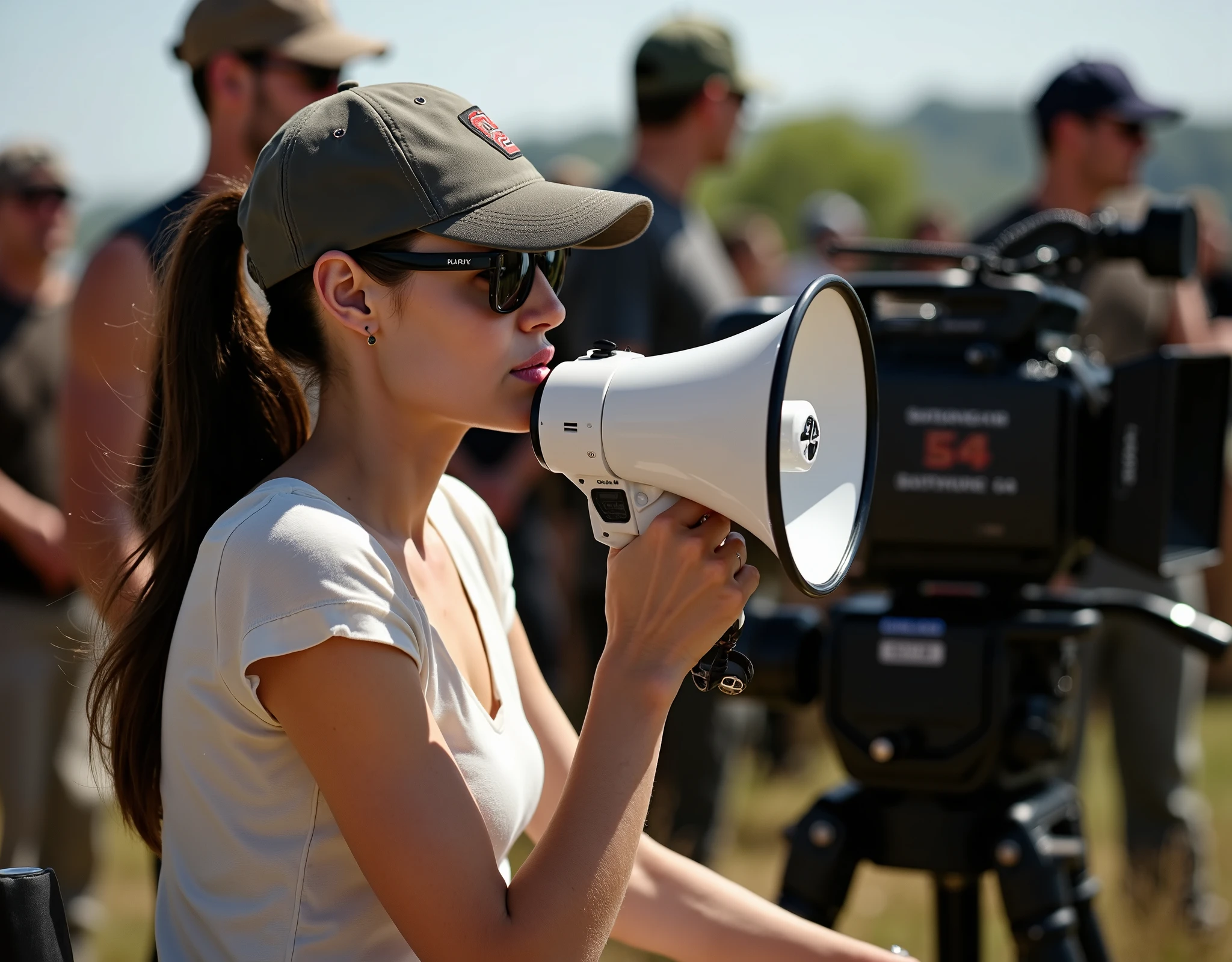 An actress who has changed from being an actress who is filmed to being a filmmaker, Side View, full body,  sitting pose,  Angelina Jolie, 50-age, (brown pony tail hair, baseball cap, sunglass, cry ),hand hold white megaphone, near digital cinematic camera, many Cinema staff, Filming location for historical films in medieval Europe (photographic, super high definition , retina, masterpiece, anatomically correct, Accurate, textured skin, super detailed, High Details , High Quality , High Quality , high definition , 8k)
