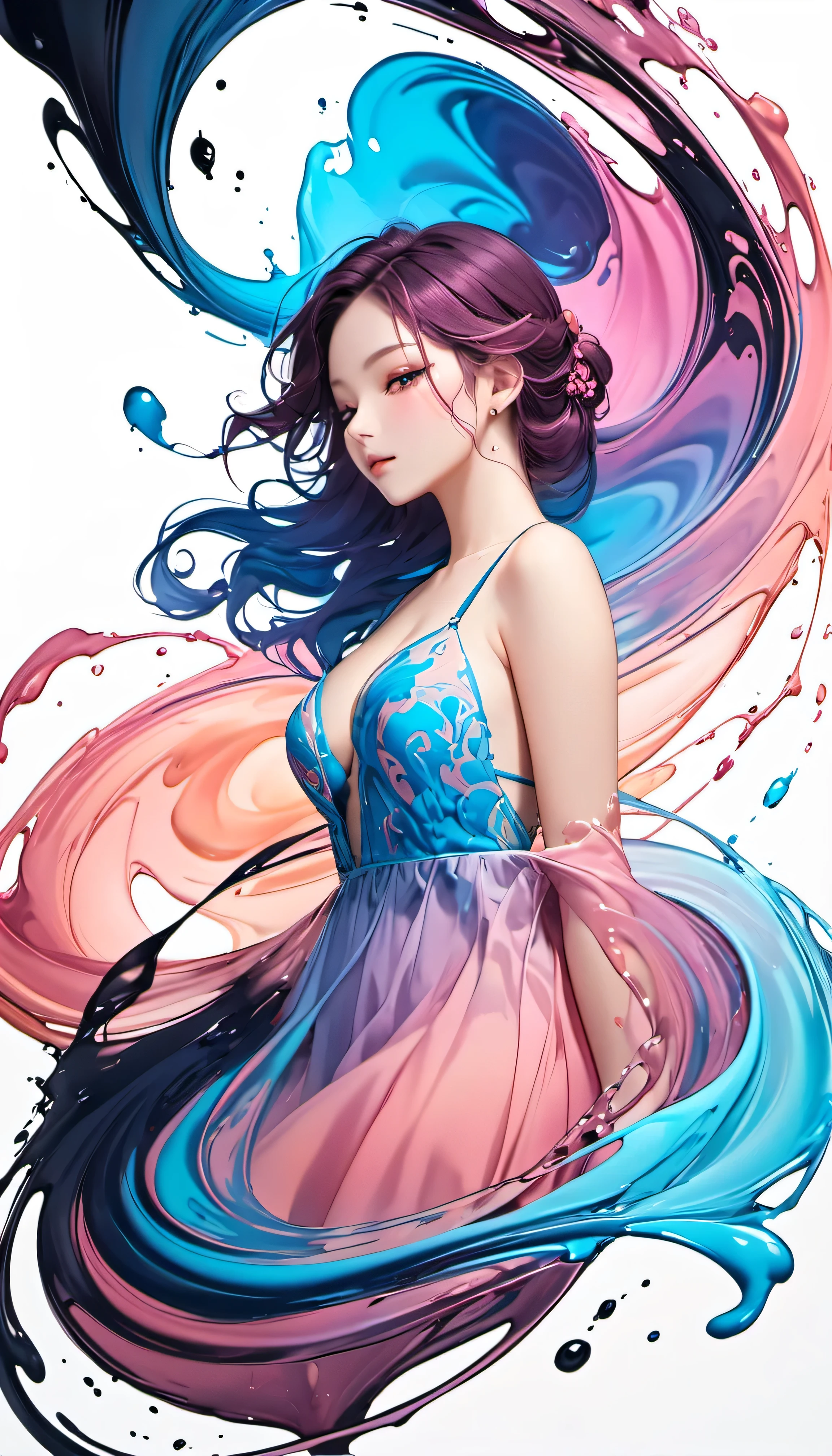 An image of a beautiful Girl, (hand bra), (big ) , ethereal, ink flowing in water, delicate patterns, abstract forms, ink in water, pink ochre and blue palette, white background, smoke textures, subtle gradients, fluid dynamics, dreamy color tones, soft lighting, mesmerizing patterns  ( or slight variations therein for palette tuning )