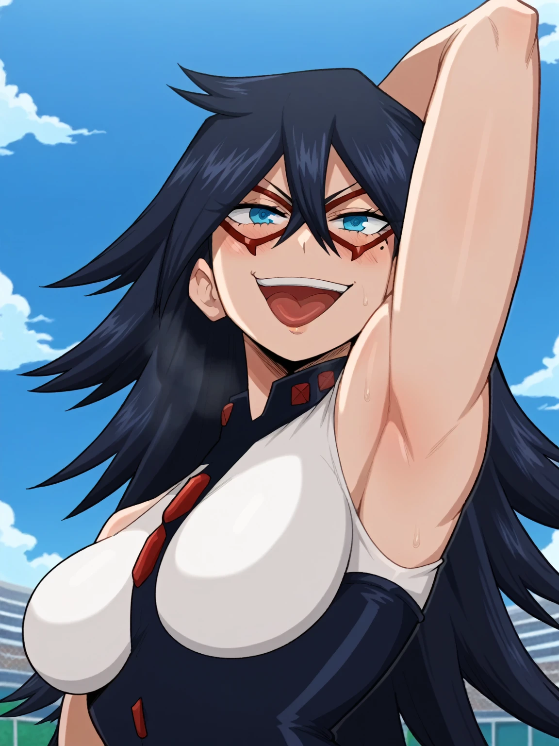 1 girl, high quality, (short hair), pink hair, forehead, blue eyes, (medium breast), straps on thighs:1.3), red background, (stocking), (cameltoe:1.2),(sweaty:1.1), (nipples:0.8), thick thighs, from above, (middle age:1.2)