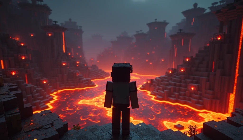 A 16:9 image of a Minecraft-style teenager standing at the edge of a dangerous biome, surrounded by lava pools and hostile creatures like zombies and skeletons. The teenager looks conflicted and cautious, symbolizing the challenges and critical choices of adolescence. The scene is dark and intense, with a pixelated, Minecraft-inspired style. Steve from Minecraft versión live action style Dark Fantasy fulll hd, 8 k,