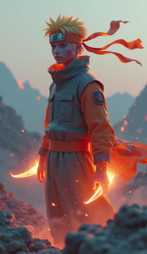 (best quality, 128k, highres, masterpiece:1.2), ultra-detailed, (realistic, photorealistic, photo-realistic:1.37), ((masterpiece)) ((photography)) ((Highest quality)) A determined Naruto, now an experienced and battle-hardened warrior, stands in the middle of a ravaged battlefield, his orange ninja headband billowing in the wind. His spiky blond hair glows in the dim light of a setting sun, and his eyes, filled with an intense focus, reflect the wisdom of years of struggle. The Rasengan in his hand pulses with energy, as the ground beneath his feet cracks and glows from the power he's unleashing. The dramatic landscape features distant mountains, creating an epic backdrop for his final showdown.