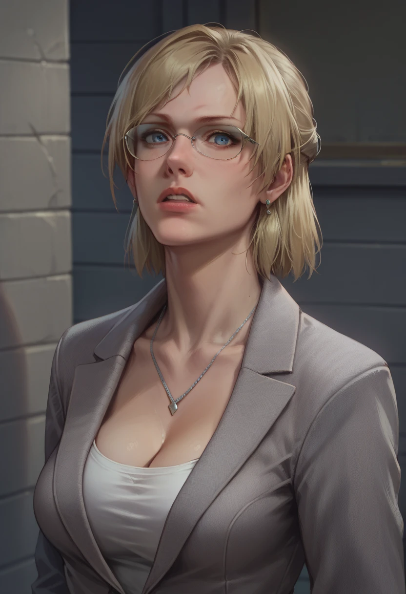 score_9, score_8_up, score_7_up, score_6_up, source_realistic, BREAK 1girl, solo, Jessie, Blonde, short hair, half updo, blue eyes, glasses, earrings, necklace, big breasts, grey suit jacket, grey skirt, white shirt