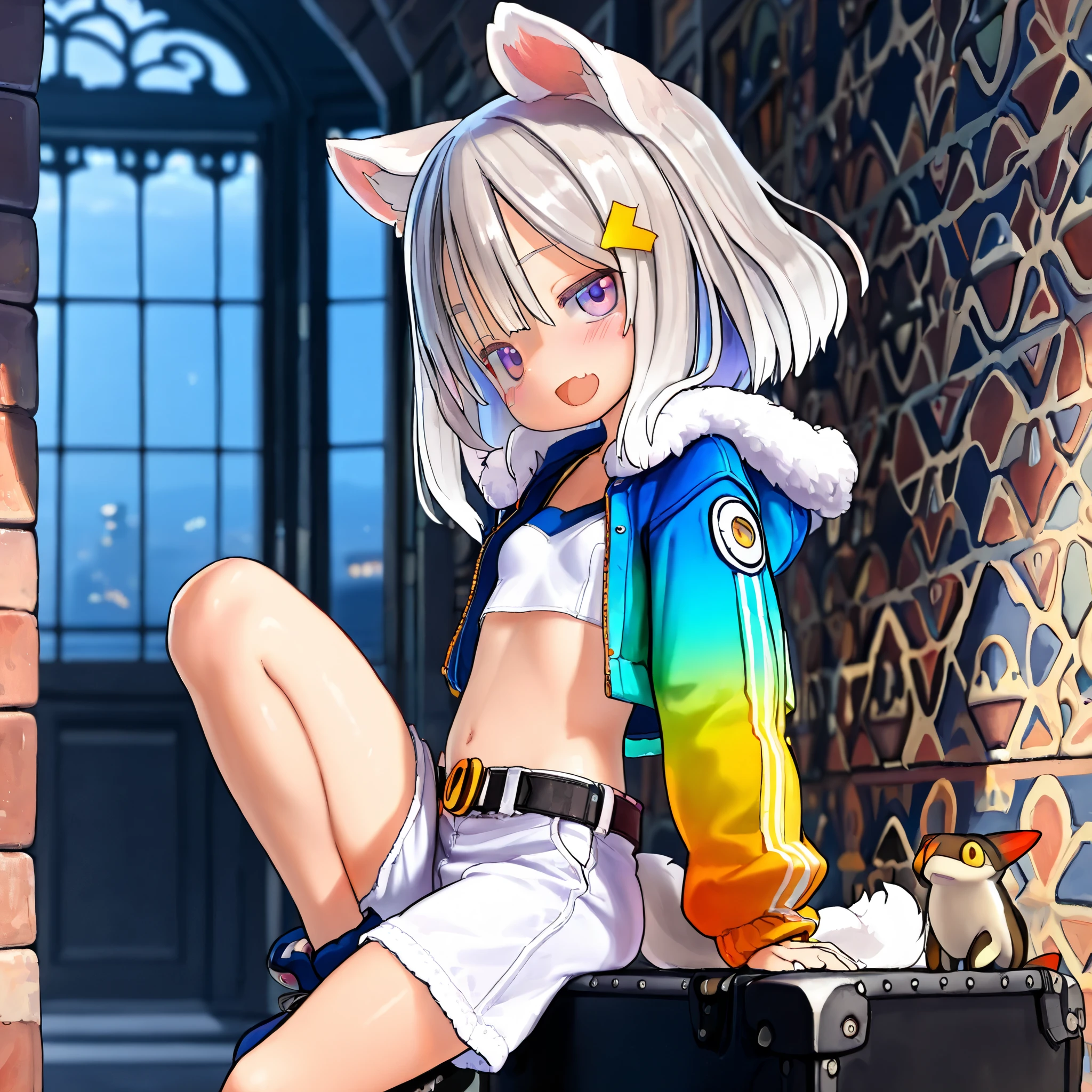 ((Masterpiece)), ((best quality)), (8K), (wide shot, from side), cinematic lighting, (detailed background:1.2), (super detail:1.2),(High Definition:1.3), (Professional Photography:1.2), (very aesthetic:1.2), (absurdres:1.2), (sharp focus), ((1girl)),  teenage Girl, (Textured skin), (Realistic skin), (pale purple eyes, gradient eyes, upturned eyes), (platinum-gold hair), ((fanged bangs)), gradient hair, blue color Hair Tip, (medium hair), small breast, (Healthy Gaunt body), (open mouth wide, skin fang), seductive smile, blush, (cute cheeks), glossy lips, pouty lips, bags under the eyes, (lower eyelashes), (tilt head), put on cat ears, BREAK, (cheepy white croptop, gradient jacket, cropped jacket, open jacket, fur trim), luxury belt, white shorts, ((lift up jacket, lift by self)), (loose sitting on the block, knee up, against the beautiful botanical pattern background), ((by Tsukushi Akihito)),