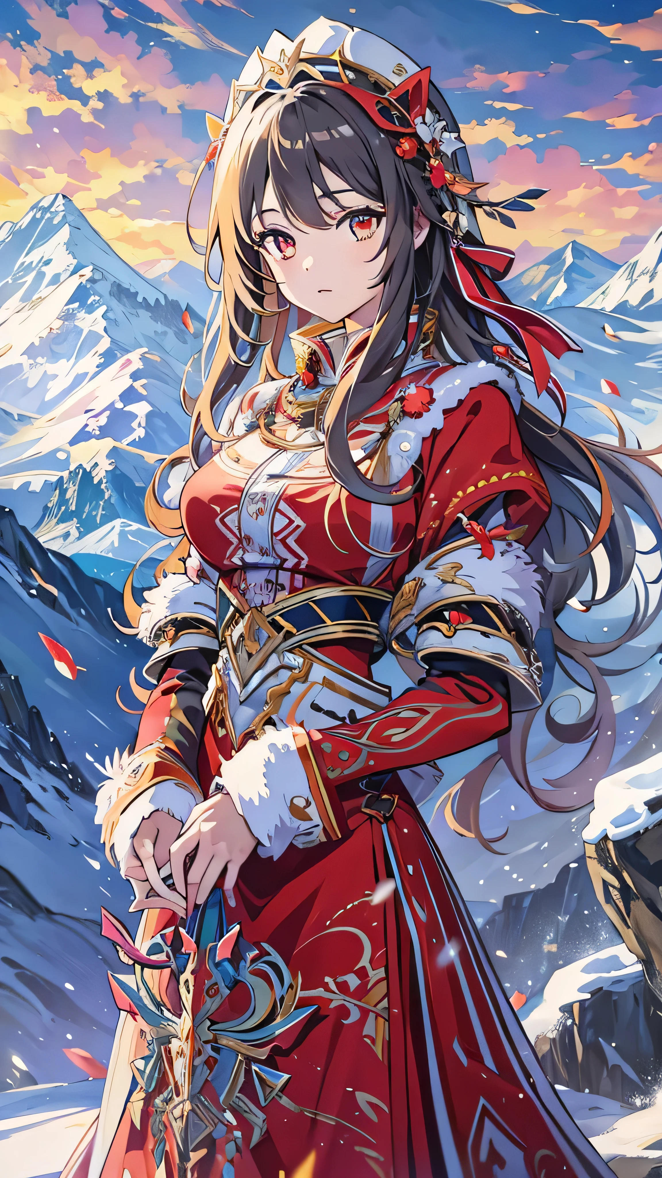 masterpiece,  top quality, , photo,  Official Art,  very detailed,  face details,  1 girl,  Red Dress , Ice and snow world, Rugged mountainous terrain 、Alone,  skinny, wind,  looking at the camera， open your eyes,Full body high definition image