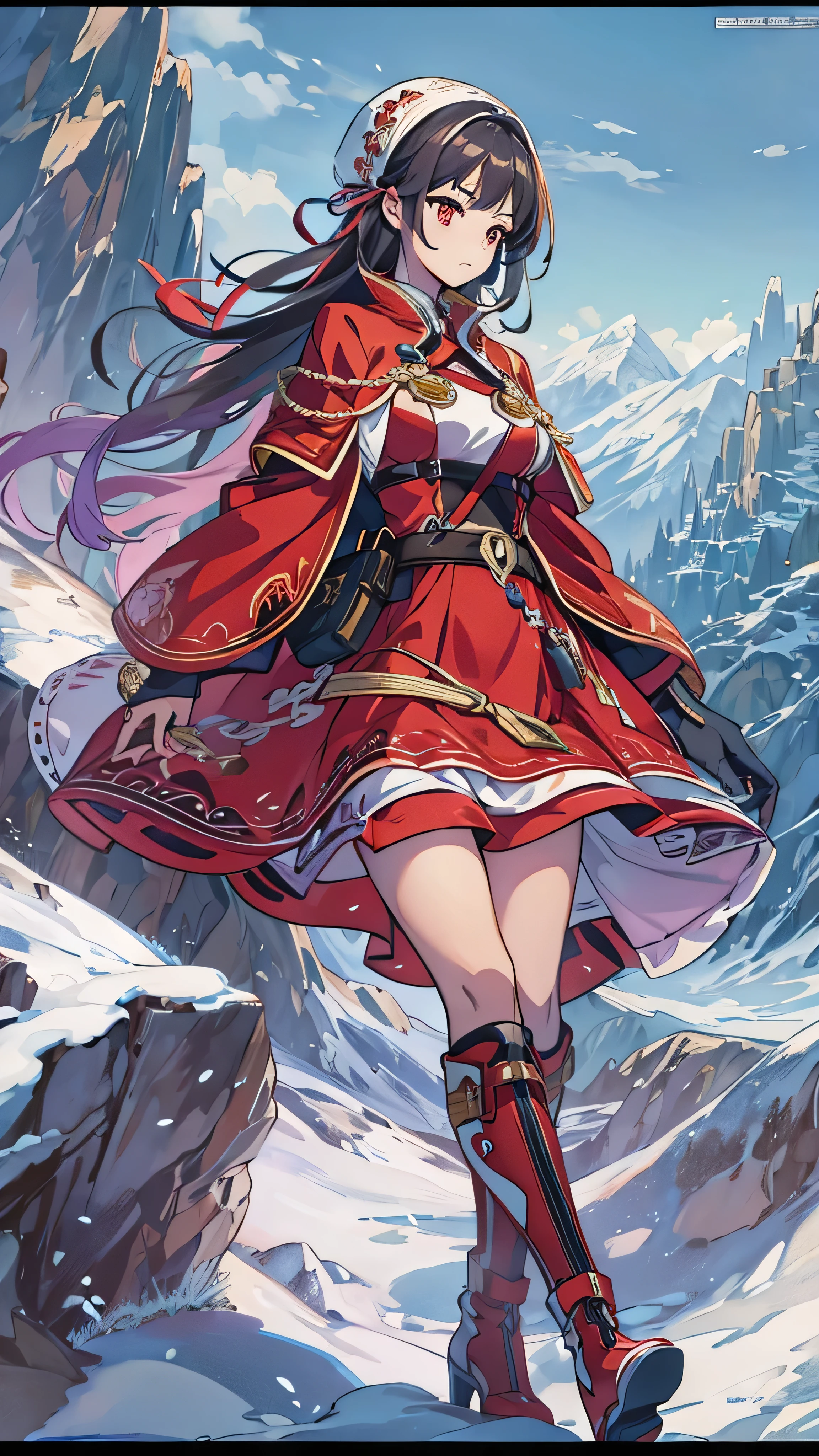 masterpiece,  top quality, , photo,  Official Art,  very detailed,  face details,  1 girl,  Red Dress , Ice and snow world, Rugged mountainous terrain 、Alone,  skinny, wind,  looking at the camera， open your eyes,Full body high definition image