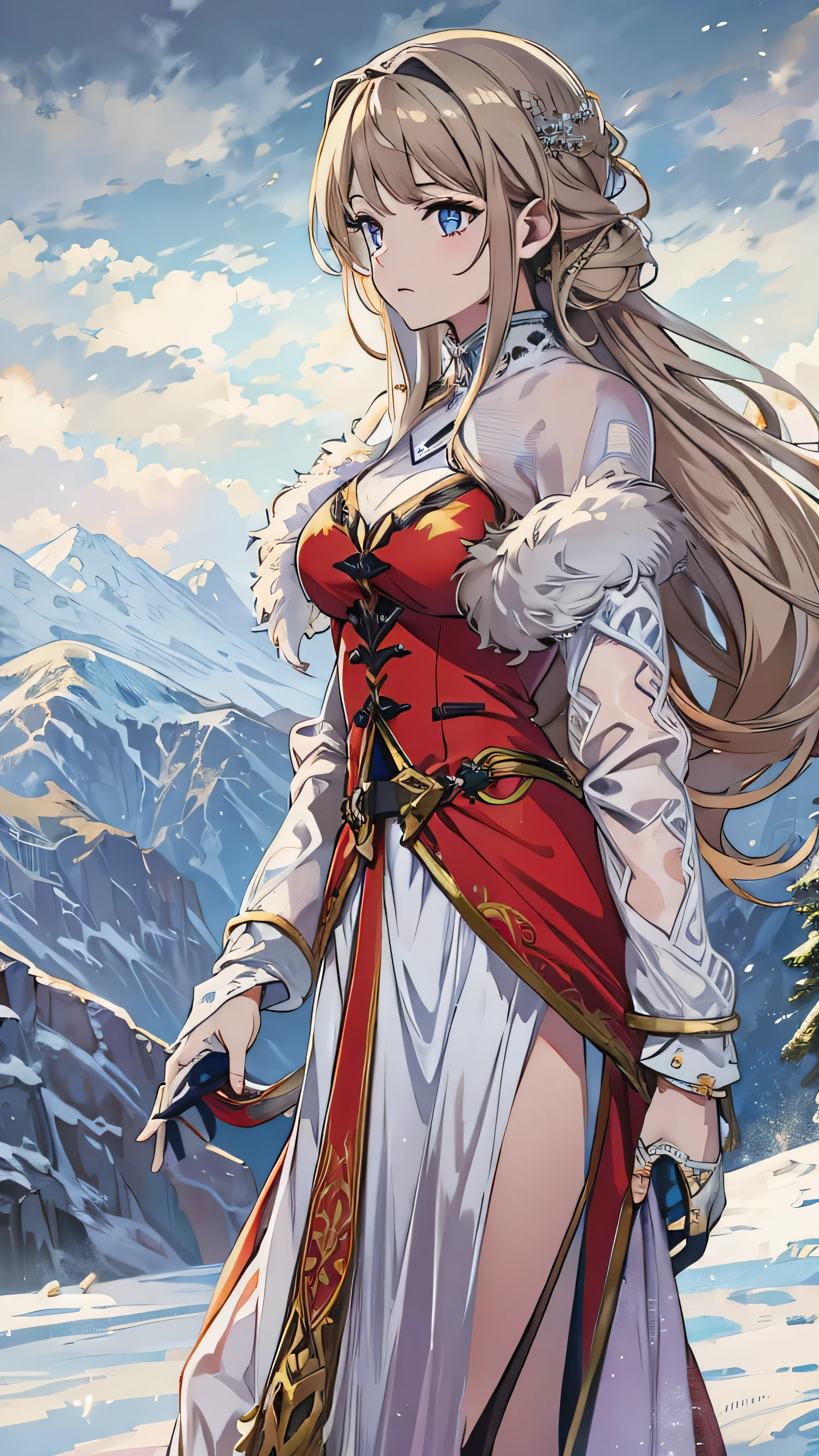 masterpiece, top quality, , photo, Official Art, very detailed, face details, 1 girl, Red Dress , Ice and snow world, Rugged mountainous terrain 、Alone, skinny, wind, looking at the camera, open your eyes,Full body high definition image