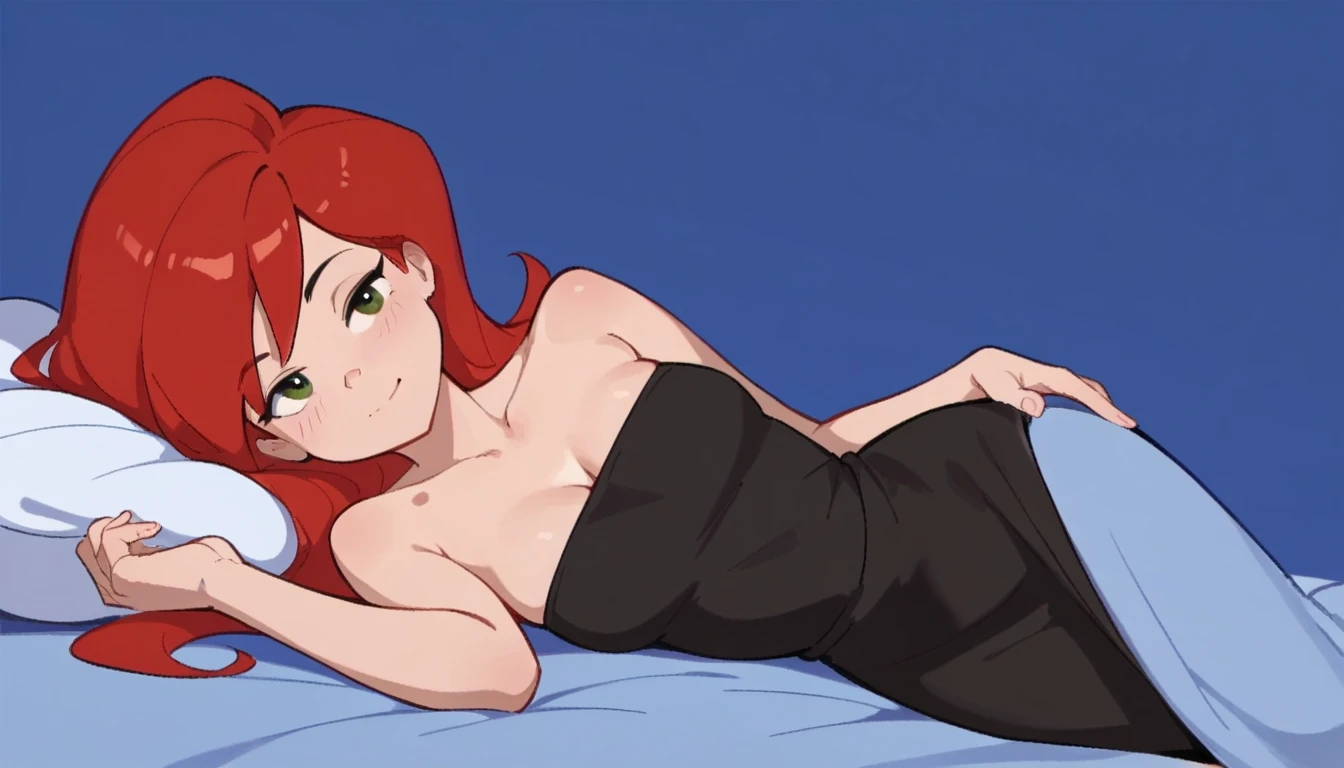 xmaryx, red hair, long hair, a short strapless black dress, seductive smile, medium breast, laying on her bed, lying on side, head tilt, collarbone, one hand on hip, blue background, looking at viewers, cowboy shot,