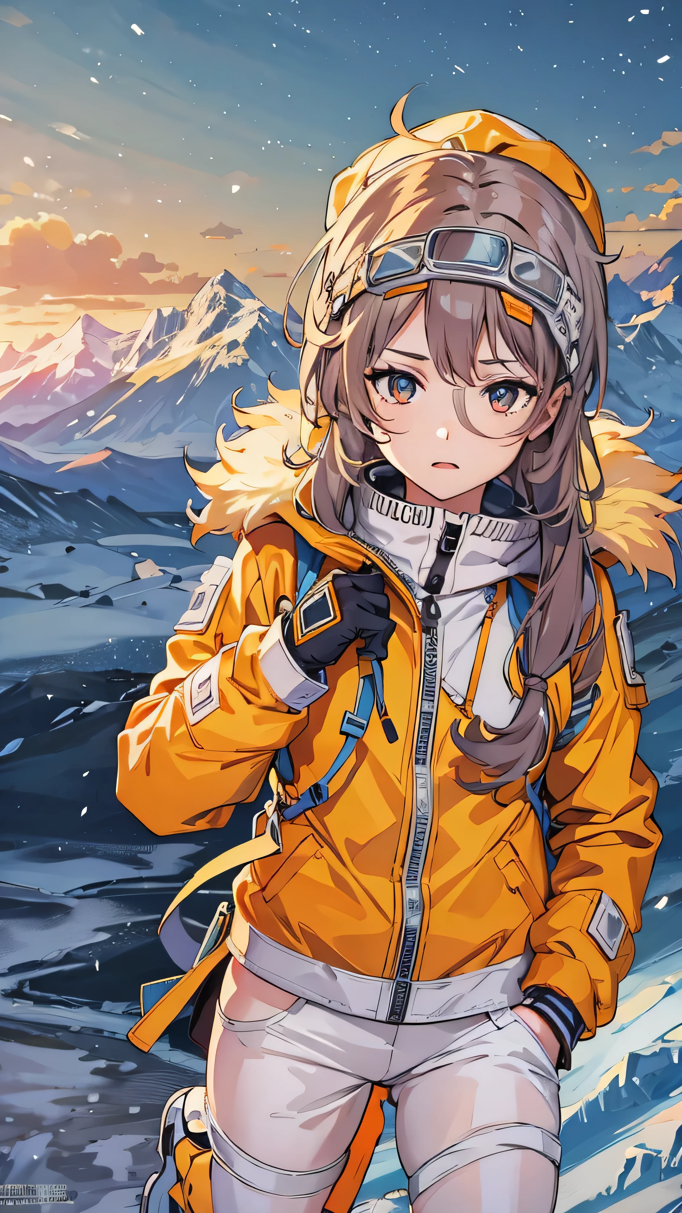 masterpiece,  top quality, , photo,  Official Art,  very detailed,  face details,  1 girl, Orange down jacket outfit, Ice and snow world, Rugged mountainous terrain 、Alone,  skinny, wind,  looking at the camera， open your eyes,Full body high definition image