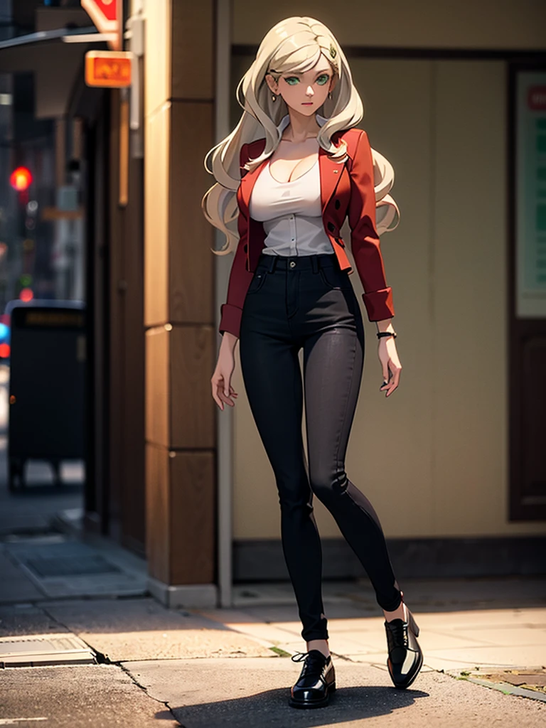 Good quality, 2D, mature woman, only 1woman, full body view, gorgeous face, huge boobs, green eyes, beautiful, blonde hair, medium length hair, hair fringe, street style wear