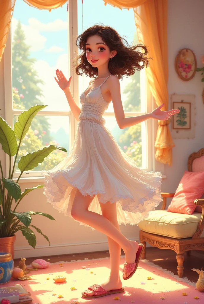 disney style, young beautiful brunette woman with a short wavy hair, brown eyes, wearing a summer dress and slippers, dynamic pose, living room next to a big window, dynamic pose, western cartoon style, 2d, flat, hq, 4k