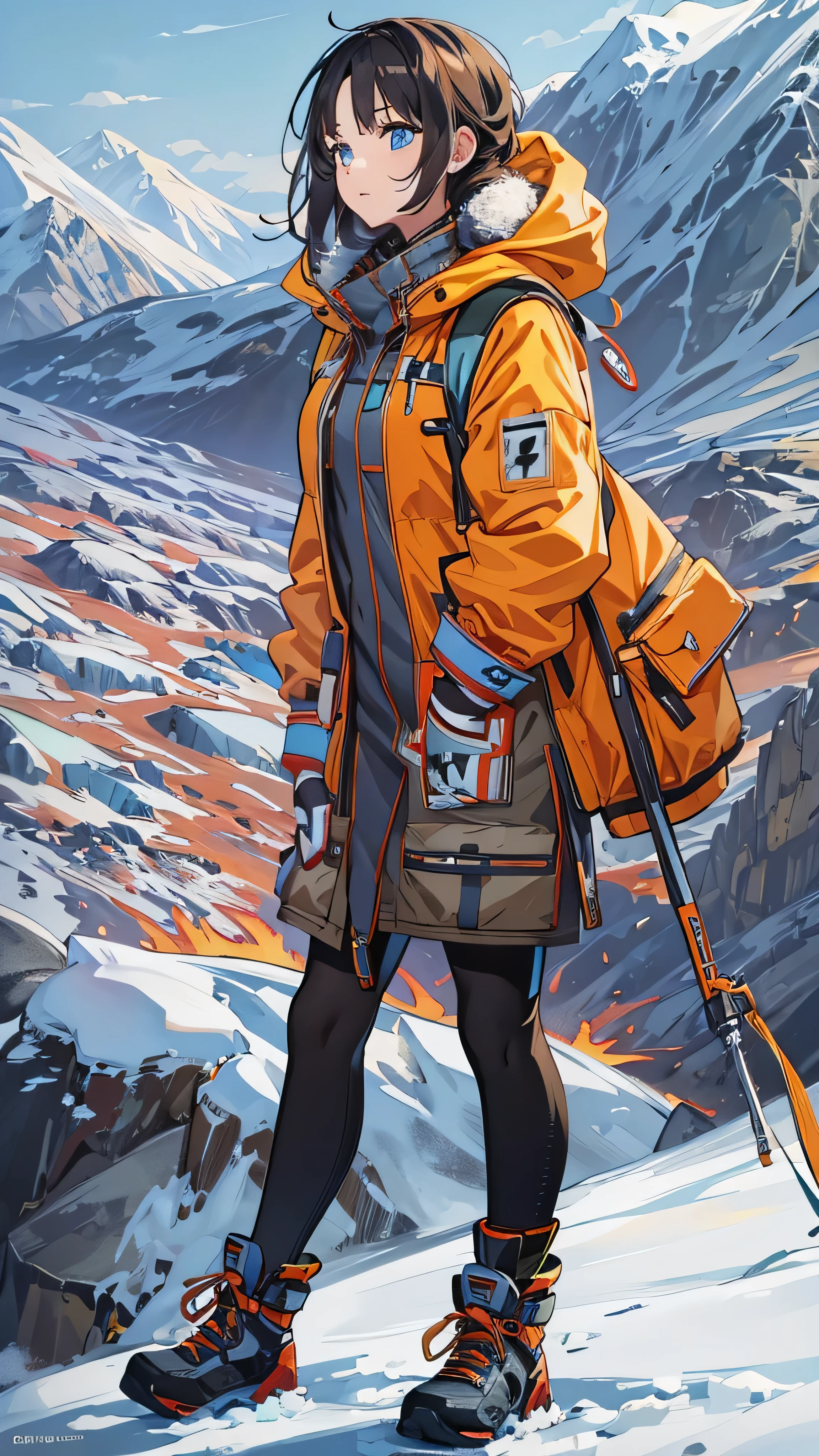 masterpiece,  top quality, , photo,  Official Art,  very detailed,  face details,  1 girl, Orange down jacket outfit, Ice and snow world, Rugged mountainous terrain 、Alone,  skinny, wind,  looking at the camera， open your eyes,Full body high definition image