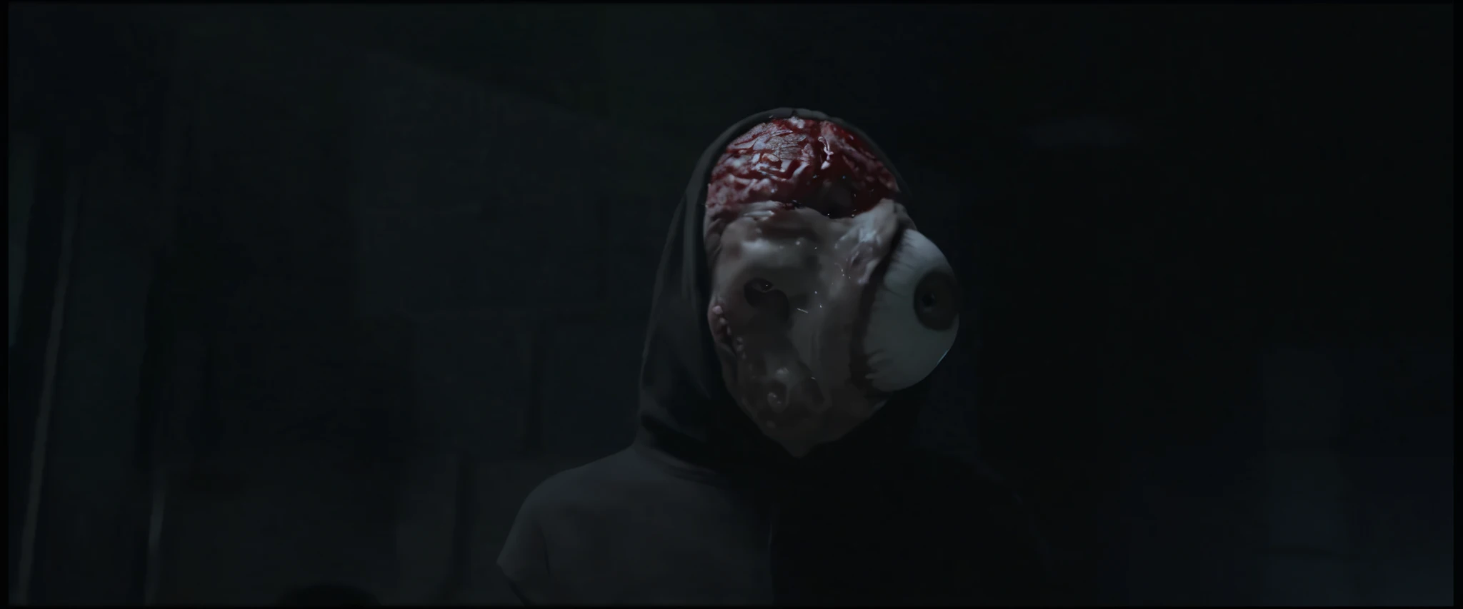 an eyeball of a monster with capillaries, blood, silver grey pupil, scary, photorealistic