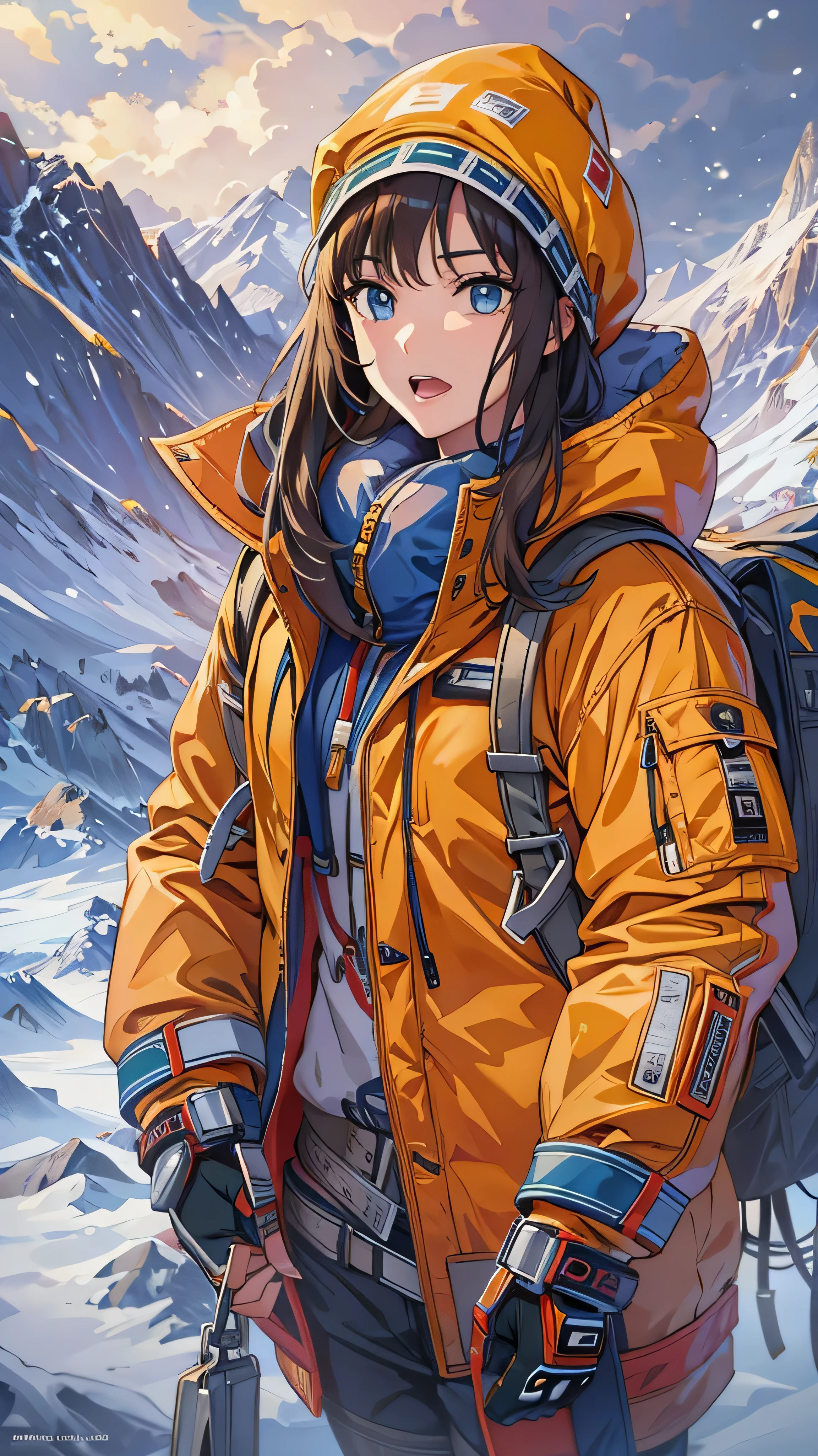 masterpiece,  top quality, , photo,  Official Art,  very detailed,  face details,  1 girl, Orange down jacket outfit, Ice and snow world, Rugged mountainous terrain 、Alone,  skinny, wind,  looking at the camera， open your eyes,Full body high definition image