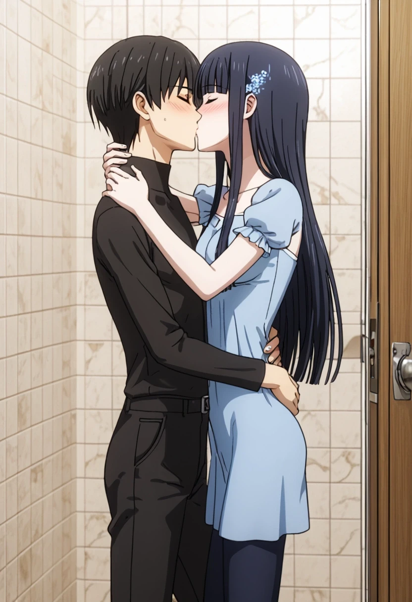 ( Masterpiece, Best Quality :1.2, incredible quality , very aesthetic, absurdres,newer),Official style,Day time,1 man and 1 woman,kissing,Hug,[Shiba Tatsuya(male)+Shiba Miyuki(femenino)], ( mahouka koukou no retousei),(adult:1.2),(very small head:1.2), black hair, long loose hair, eyes closed,horny,blushing with pleasure ,( ideal body proportions:1.2, slim body:1.2,skinny:1.2),( medium breasts),  Blue dress , black shirt black pants , In the shower room  