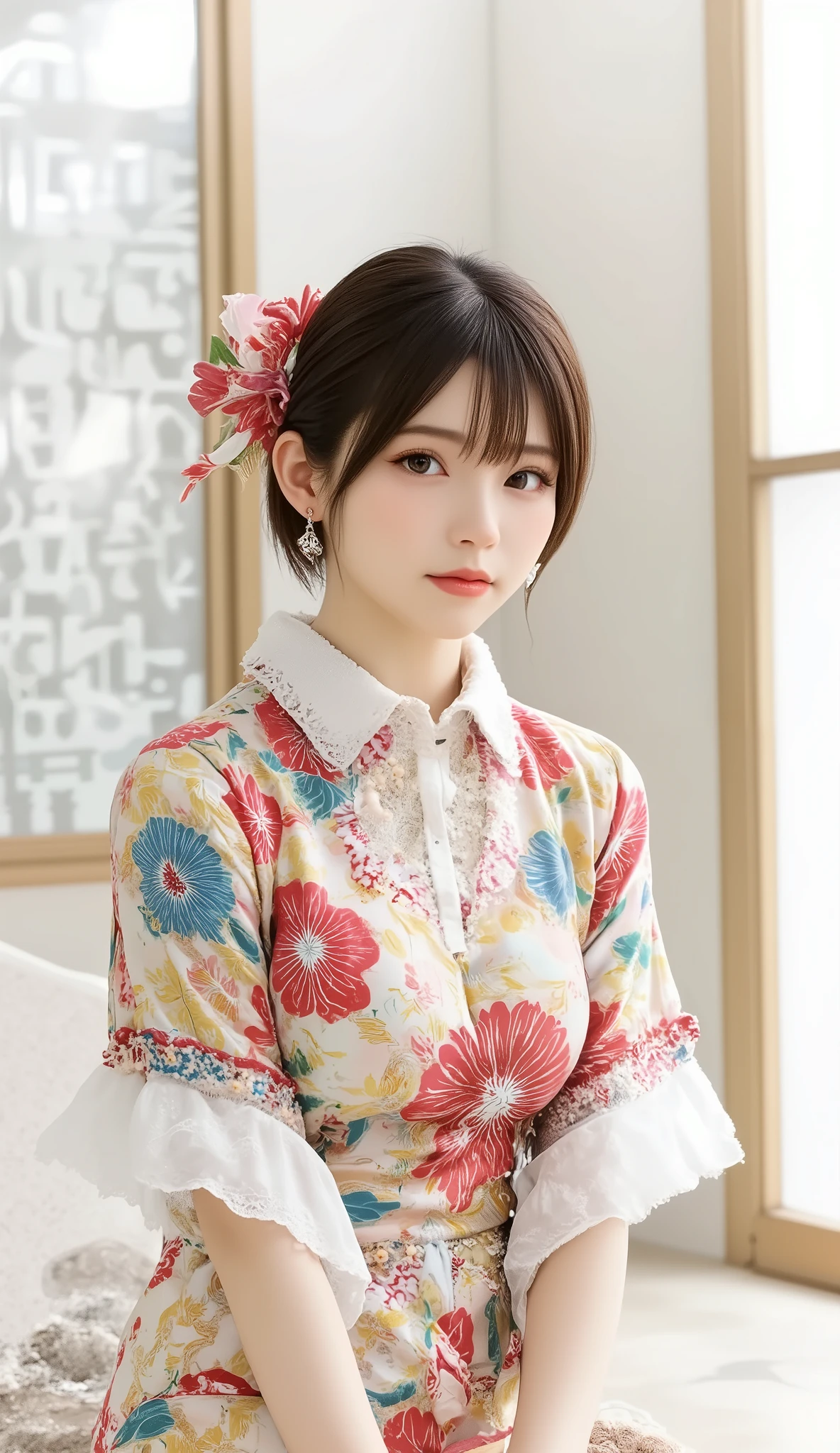 (Japanese anime style:1.4), 8k resolution, masterpiece, top quality, Award-winning works, new year post card, sole girl, (photo of a girl who is wearing Japanese traditional kimono printed on the card:1.4), (title printed which says " happy new year " on the card:1.5), white snake printed on the card