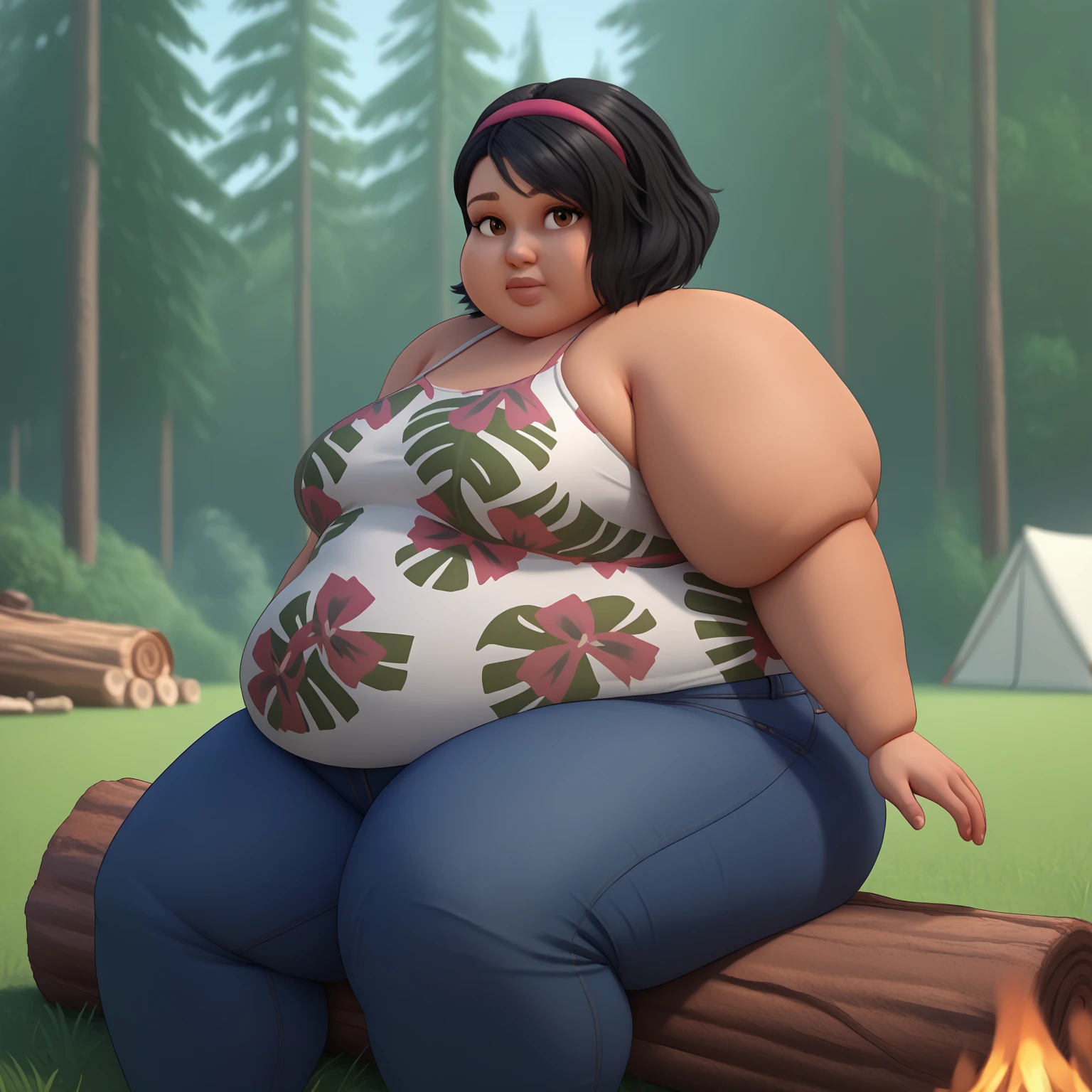 1girl, solo, SammyGutierrez(big fat body), black hair, short hair, pink hairband, brown eyes, dark-skinned female, tank top, floral print, bare shoulders, jeans, cowboy shot, day, outdoors, campfire, tent,  forest, looking at viewer, sitting, sitting on log,(clothes that fit your big, fat body size).