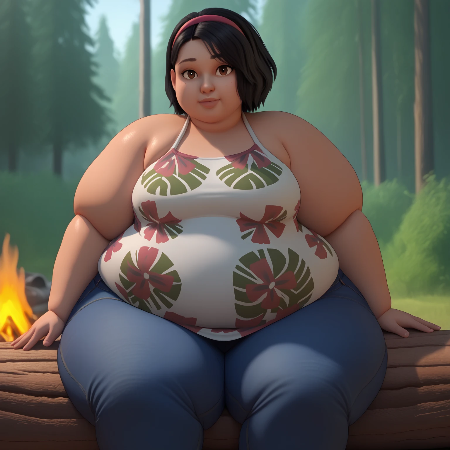 1girl, solo, SammyGutierrez(big fat body), black hair, short hair, pink hairband, brown eyes, dark-skinned female, tank top, floral print, bare shoulders, jeans, cowboy shot, day, outdoors, campfire, tent,  forest, looking at viewer, sitting, sitting on log,(clothes that fit your big, fat body size).