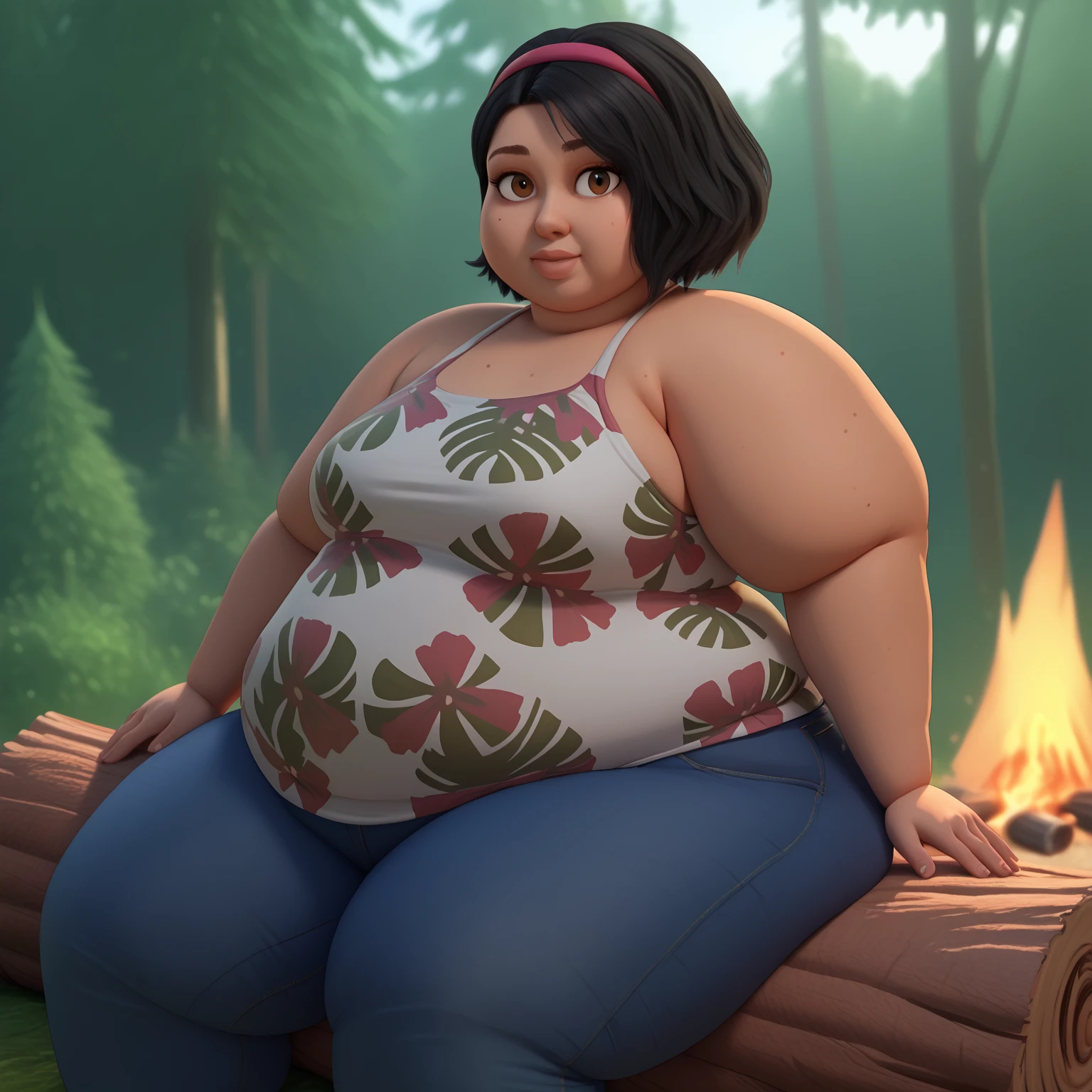 1girl, solo, SammyGutierrez(big fat body), black hair, short hair, pink hairband, brown eyes, dark-skinned female, tank top, floral print, bare shoulders, jeans, cowboy shot, day, outdoors, campfire, tent,  forest, looking at viewer, sitting, sitting on log,(clothes that fit your big, fat body size).