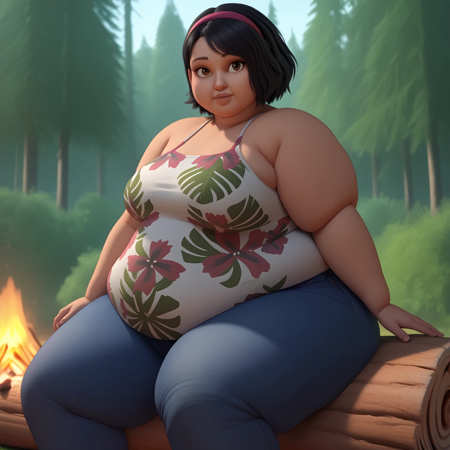 (masterpiece:1.2, best quality:1.2),1girl, solo, SammyGutierrez(big fat body), black hair, short hair, pink hairband, brown eyes, dark-skinned female, tank top, floral print, bare shoulders, jeans, cowboy shot, day, outdoors, campfire, tent,  forest, looking at viewer, sitting, sitting on log,(clothes that fit your big, fat body size).