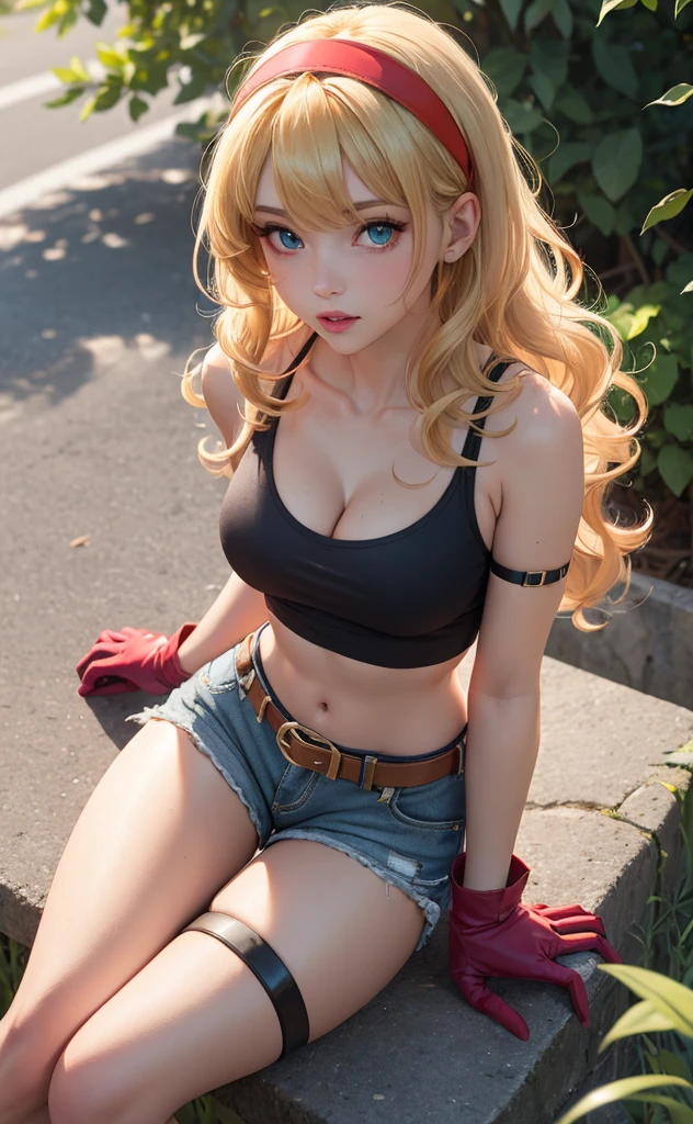 (Best quality, 4k, Masterpiece :1.3), beautiful woman, hyper realistic, 1girl, (droopy breasts, attractive body :1.2), sit-ups :1.1, long straight light yellow hair with bangs :1.1, ultra-detailed face, detailed lips, detailed eyes, double eyelid, short pink bra, open neckline, hanging breasts, side pose, visible curves, in the middle of the street, light blue short jean shorts, muscular turned leg,  Big breasts, blue eyes, pink high heels, open sky with sun, smiling, Japanese, big ass, standing on his back looking back, show more ass, freckle on his face, freckle on his ass, beautiful elf --auto --s2