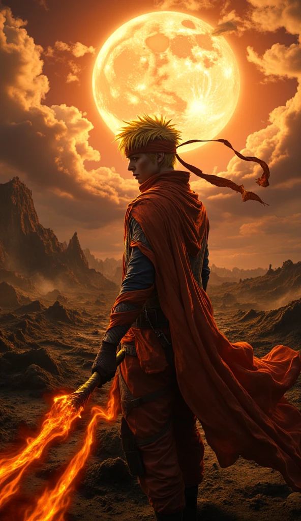 (best quality, 128k, highres, masterpiece:1.2), ultra-detailed, (realistic, photorealistic, photo-realistic:1.37), ((masterpiece)) ((photography)) ((Highest quality)) A determined Naruto, facing the viewer, now an experienced and battle-hardened warrior, stands in the middle of a ravaged battlefield, his orange ninja headband billowing in the wind. His spiky blond hair glows in the dim light of a setting sun, his face is ferious and his eyes, filled with an intense focus, reflect the wisdom of years of struggle. The Rasengan in his hand pulses with energy, as the ground beneath his feet cracks and glows from the power he's unleashing. The dramatic landscape features distant mountains, creating an epic backdrop for his final showdown.