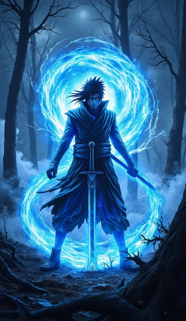 (best quality, 128k, highres, masterpiece:1.2), ultra-detailed, (realistic, photorealistic, photo-realistic:1.37), ((masterpiece)) ((photography)) ((Highest quality)) Sasuke, standing tall with his Sharingan activated, channels a storm of electric blue chakra around his body. His dark hair whips through the air as he stands amidst a forest ravaged by his immense power. His cold, calculating eyes pierce through the storm, and the air around him crackles with energy. His sword, Kusanagi, gleams ominously as if ready to strike, while swirling clouds in the background add to the cinematic intensity of the scene.